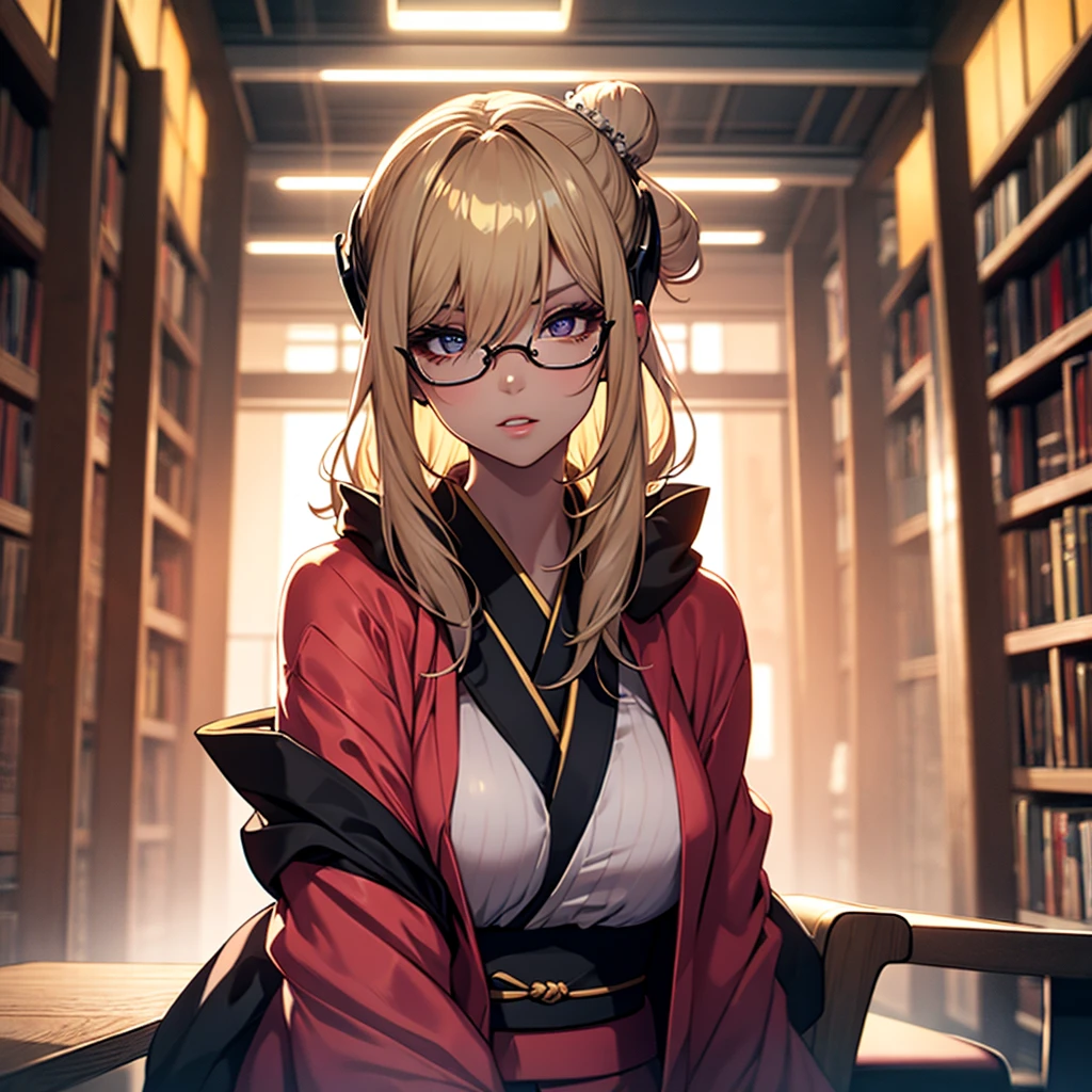 (1girl:1.3), Masterpiece, Best quality, amazing beauty, [[3D]], 4K, absurdres, finely detail, super detailed eye, perfect ???????, official art, cinematic lighting, BREAK, Library, silky long hair, hair bun, blonde, super shiny detailed black eye, big eyes, sparkle(in the eyes), thick eyebrow, Gazing into the Distance, close-mouth, plump lips, Mascara, False eyelashes, pink lips, eyewear, Looks like fun, BREAK , big breasts, tall, slender, fair skin, sitting chair, full body, from front, BREAK , She has headphones on, BREAK,(kimono:1.3)