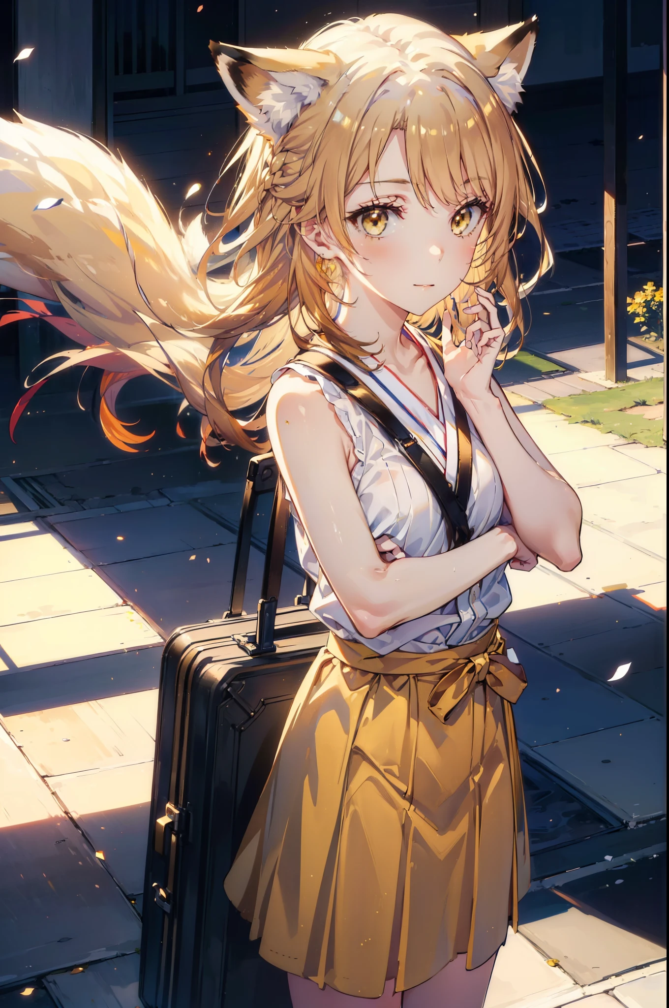 Irohaisshiki, isshiki iroha,Long Hair, Brown Hair, (Brown eyes:1.5), happy smile, smile, Open your mouth,animal(Fox Ears,Fox tail),Yellow sleeveless dress,Yellow long skirt,Cute Sandals,Push-type suitcase,background(Ships at anchor),port,My hair is blowing in the wind,Holding her hair with her right hand,whole bodyがイラストに入るように,Are standing,morning,morning陽,The sun is rising,
break outdoors, port,Ocean,
break looking at viewer,whole body,
break (masterpiece:1.2), Highest quality, High resolution, unity 8k wallpaper, (shape:0.8), (Beautiful and beautiful eyes:1.6), Highly detailed face, Perfect lighting, Highly detailed CG, (Perfect hands, Perfect Anatomy),