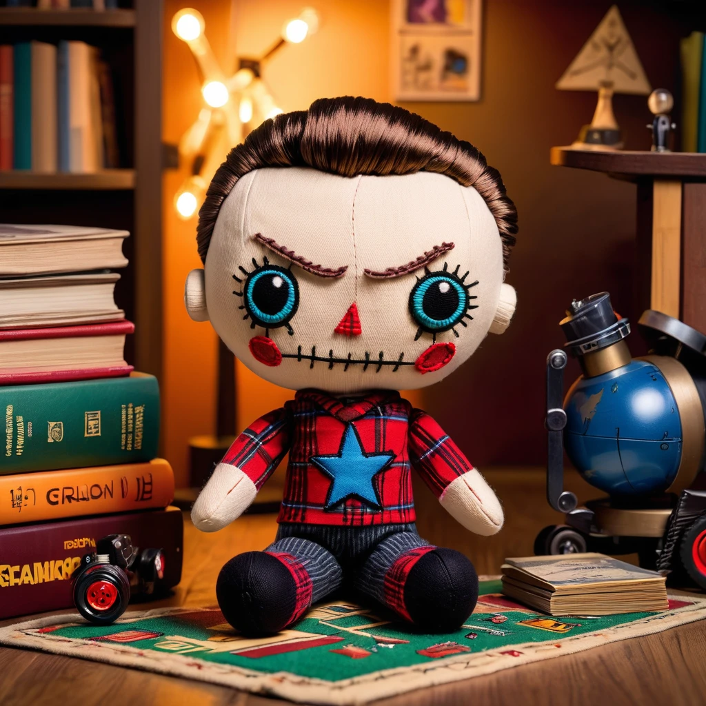 (knitted toy voodoo doll:1.7), (voodoo Sheldon Cooper from The Big Bang Theory:1.4), (Clothing: geek t-shirt with train graphic, plaid pants:1.0), (Accessories: board with scientific formulas, toy train set:1.1), (background: cluttered apartment living room with board games, science books, and cozy nerd vibe:1.2), best quality, masterpiece, detailed soft oil painting, detailed background, dramatic cinematic lighting, soft edge lighting, professional, dramatic lighting, hard edge lighting, ultra quality, 4k, masterpiece, best quality, 8k, ultra high definition, high resolution, extremely detailed
