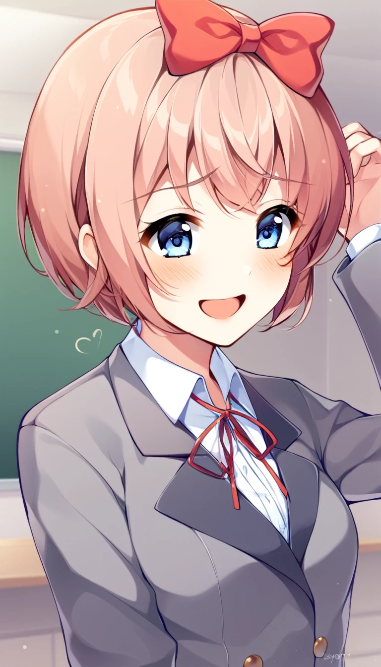 one girl, lovely, boyish, blazer, hair bow, Sayori, my childhood friend, cute, short hair, blush, light blue eyes, cheerful girl, love me, careless girl, laugh cutely, my best friend, girl is stroked her hair gently
