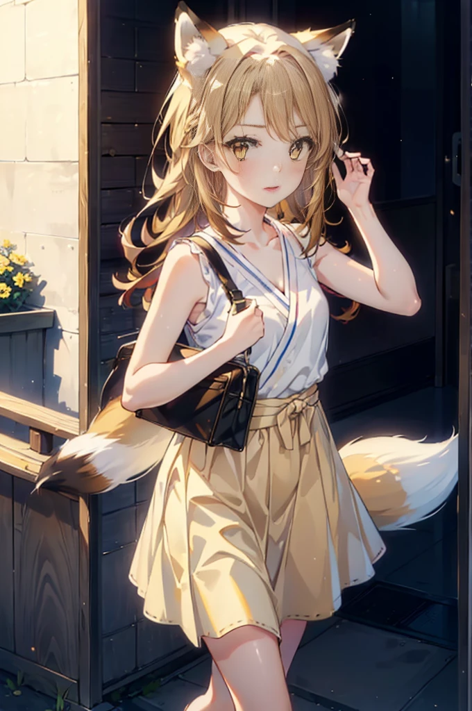 Irohaisshiki, isshiki iroha,Long Hair, Brown Hair, (Brown eyes:1.5), happy smile, smile, Open your mouth,animal(Fox Ears,Fox tail),Yellow sleeveless dress,Yellow long skirt,Cute Sandals,Push-type suitcase,background(Ships at anchor),port,My hair is blowing in the wind,Holding her hair with her right hand,whole bodyがイラストに入るように,Are standing,morning,morning陽,The sun is rising,
break outdoors, port,Ocean,
break looking at viewer,whole body,
break (masterpiece:1.2), Highest quality, High resolution, unity 8k wallpaper, (shape:0.8), (Beautiful and beautiful eyes:1.6), Highly detailed face, Perfect lighting, Highly detailed CG, (Perfect hands, Perfect Anatomy),