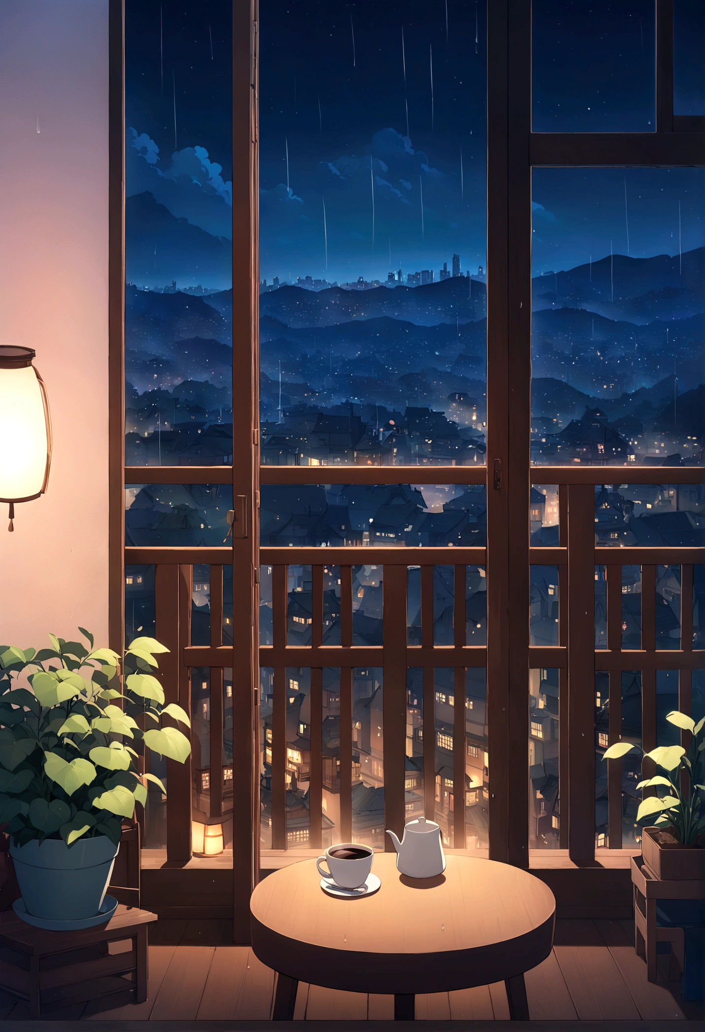 Window side,coffee,Distant city view, Beautiful Anime scene, Beautiful cityscape, Anime Background art, beautiful Anime Scenery, Awesome Wallpapers, Anime Scenery, Anime Background, Balcony scene, Landscape painting, Night view, Beautiful Wallpapers, anime beautiful peace , Anime movie background, HD anime cityscape, Urban Background, Beautiful Anime, Highest quality, no one can see, at night, it&#39;s raining, Raindrops, Flower pots and plants on the balcony, Lantern on the table。I can see the flames inside。, A comfortable balance, Overlooking the Japanese city,chill,coffee 情報,Ghibli Art