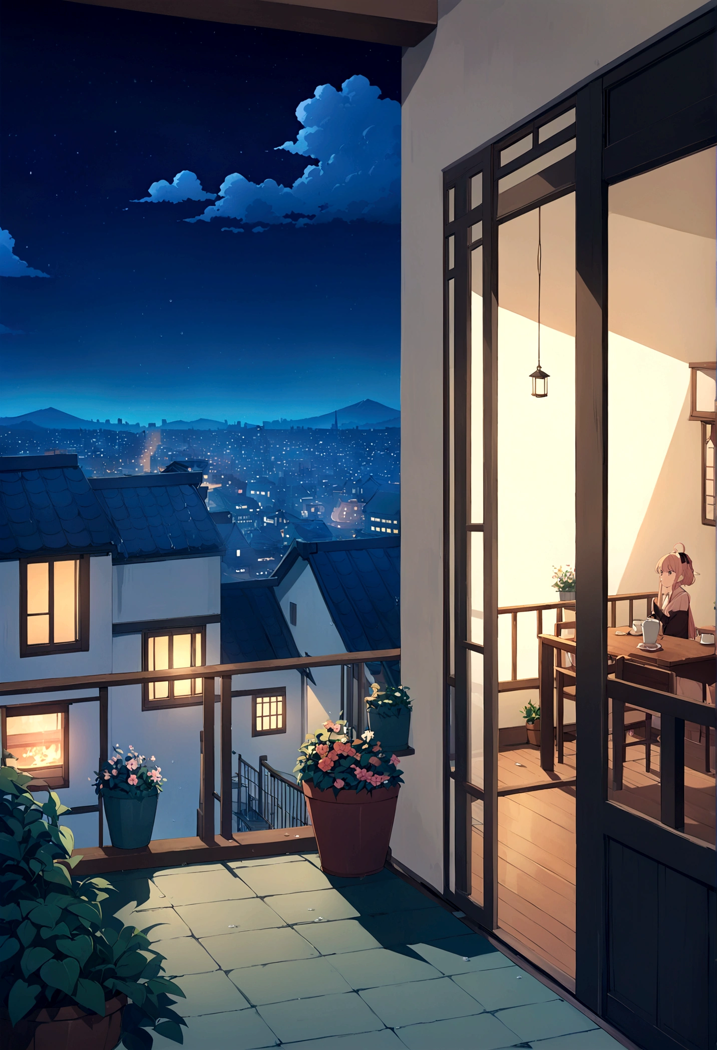 Window side,coffee,Distant city view, Beautiful Anime scene, Beautiful cityscape, Anime Background art, beautiful Anime Scenery, Awesome Wallpapers, Anime Scenery, Anime Background, Balcony scene, Landscape painting, Night view, Beautiful Wallpapers, anime beautiful peace , Anime movie background, HD anime cityscape, Urban Background, Beautiful Anime, Highest quality, no one can see, at night, it&#39;s raining, Raindrops, Flower pots and plants on the balcony, Lantern on the table。I can see the flames inside。, A comfortable balance, Overlooking the Japanese city,chill,coffee 情報,Ghibli Art