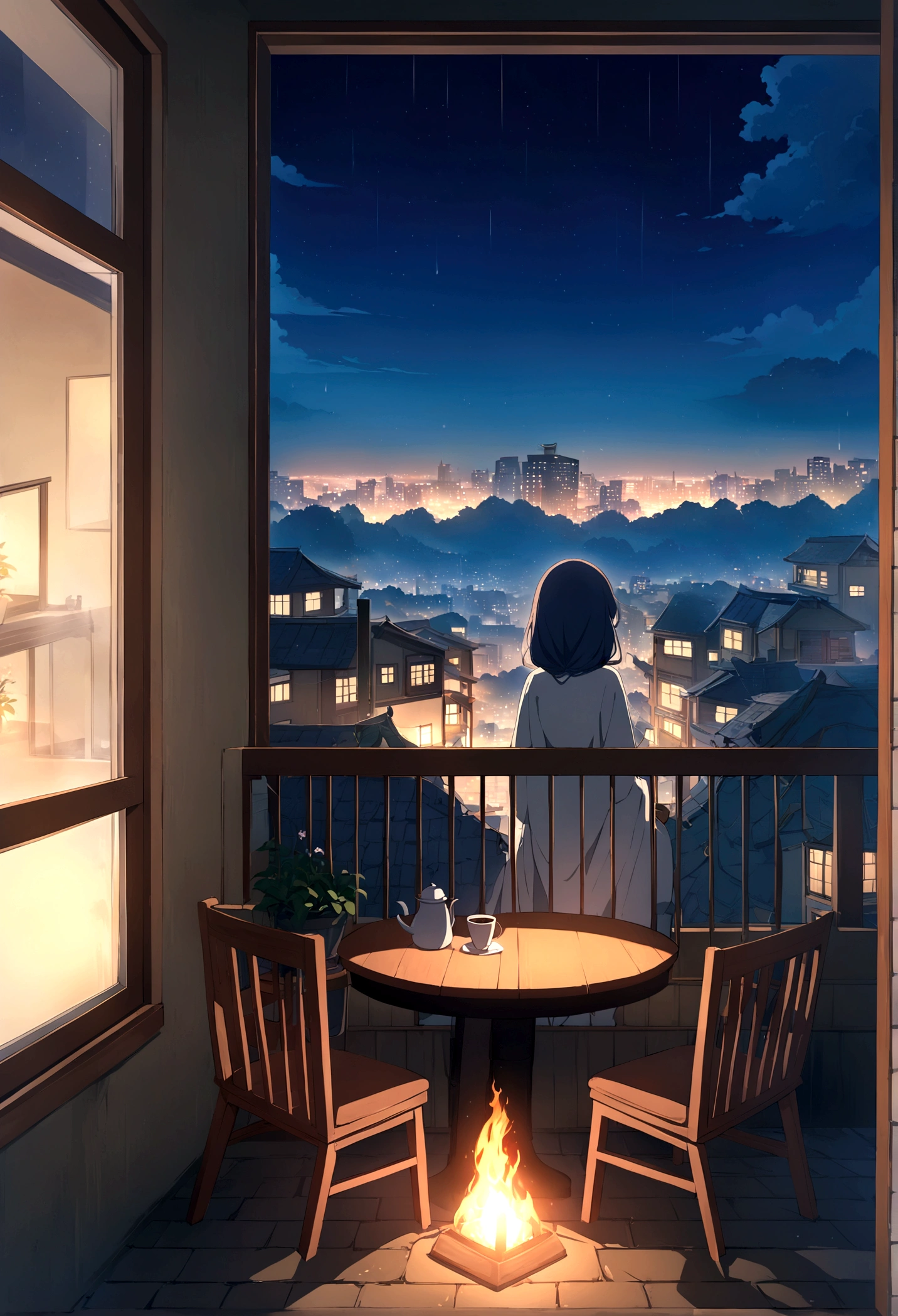 Window side,coffee,Distant city view, Beautiful Anime scene, Beautiful cityscape, Anime Background art, beautiful Anime Scenery, Awesome Wallpapers, Anime Scenery, Anime Background, Balcony scene, Landscape painting, Night view, Beautiful Wallpapers, anime beautiful peace , Anime movie background, HD anime cityscape, Urban Background, Beautiful Anime, Highest quality, no one can see, at night, it&#39;s raining, Raindrops, Flower pots and plants on the balcony, Lantern on the table。I can see the flames inside。, A comfortable balance, Overlooking the Japanese city,chill,coffee 情報,Ghibli Art