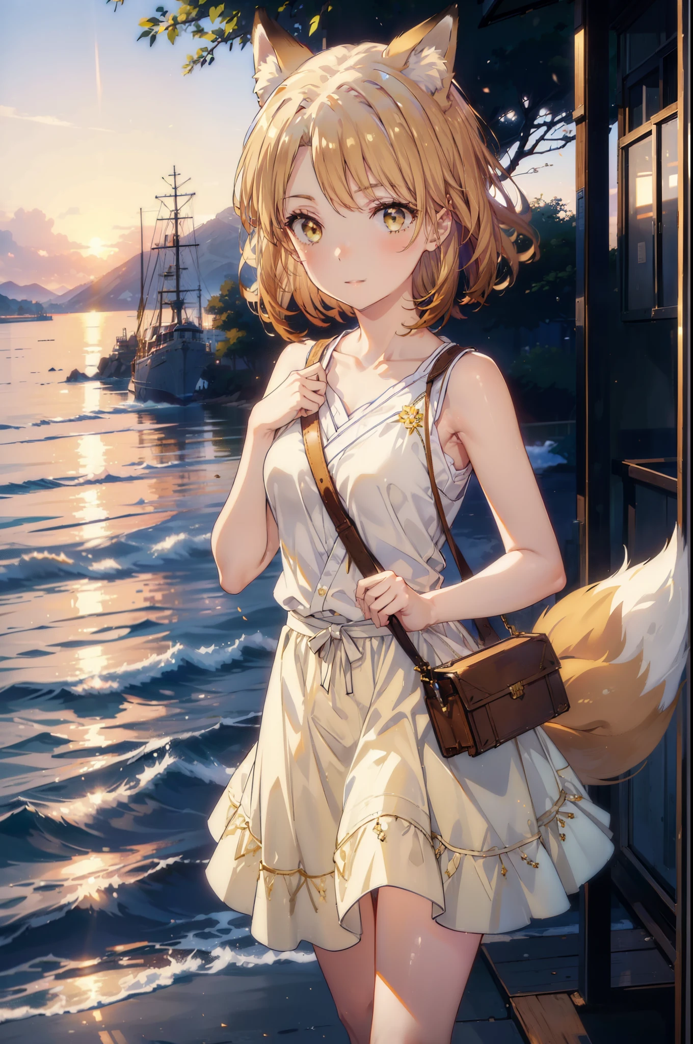 Irohaisshiki, isshiki iroha,Short Hair, Brown Hair, (Brown eyes:1.5), happy smile, smile, Open your mouth,animal(Fox Ears,Fox tail),Yellow sleeveless dress,Yellow long skirt,Cute Sandals,Push-type suitcase,background(Ships at anchor),port,My hair is blowing in the wind,Holding her hair with her right hand,whole bodyがイラストに入るように,Are standing,morning,morning陽,The sun is rising,Cruise,
break outdoors, port,Ocean,
break looking at viewer,whole body,
break (masterpiece:1.2), Highest quality, High resolution, unity 8k wallpaper, (shape:0.8), (Beautiful and beautiful eyes:1.6), Highly detailed face, Perfect lighting, Highly detailed CG, (Perfect hands, Perfect Anatomy),