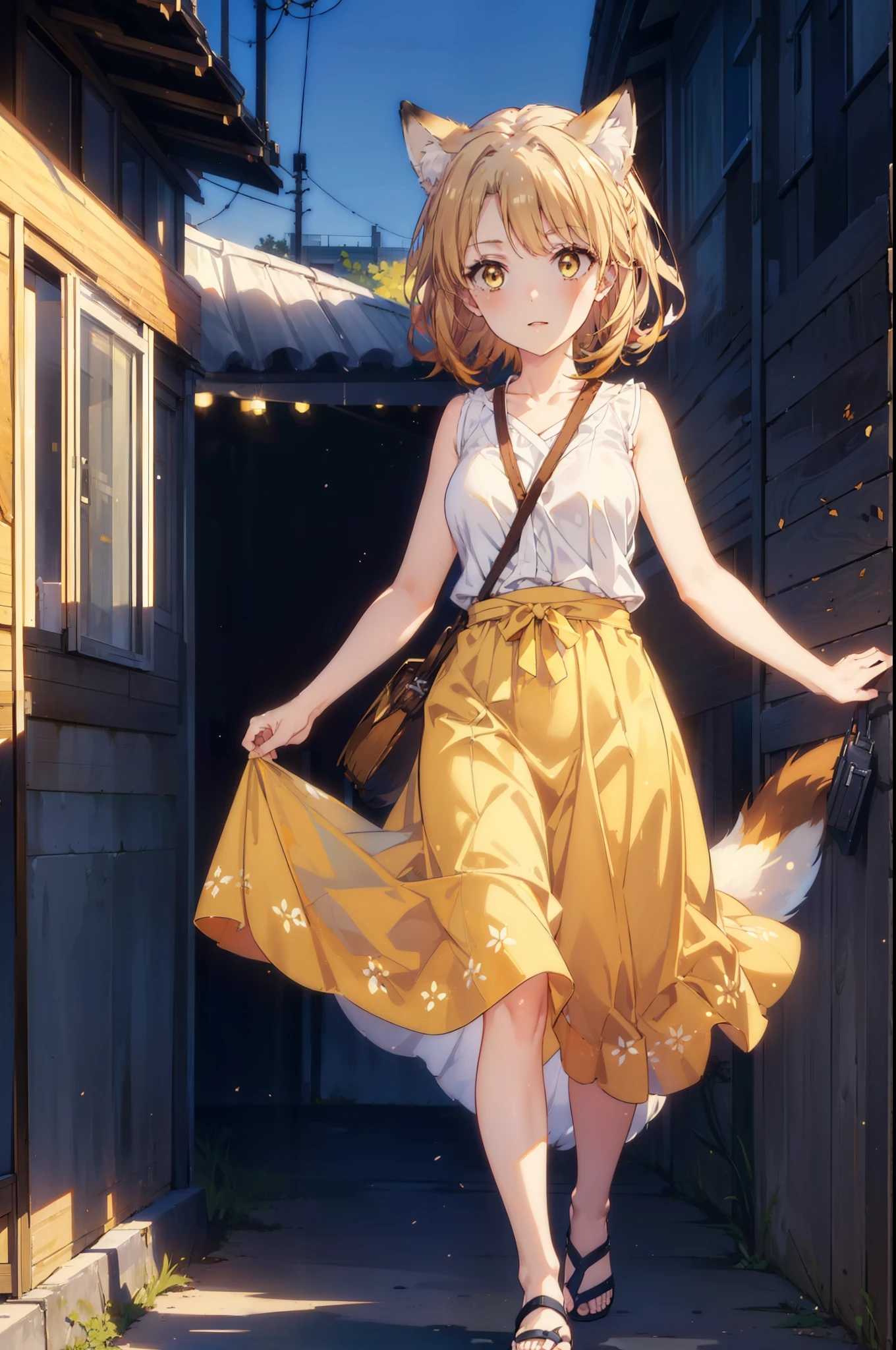 Irohaisshiki, isshiki iroha,Short Hair, Brown Hair, (Brown eyes:1.5), happy smile, smile, Open your mouth,animal(Fox Ears,Fox tail),Yellow sleeveless dress,Yellow long skirt,Cute Sandals,Push-type suitcase,background(Ships at anchor),port,My hair is blowing in the wind,Holding her hair with her right hand,whole bodyがイラストに入るように,Are standing,morning,morning陽,The sun is rising,Cruise,
break outdoors, port,Ocean,
break looking at viewer,whole body,
break (masterpiece:1.2), Highest quality, High resolution, unity 8k wallpaper, (shape:0.8), (Beautiful and beautiful eyes:1.6), Highly detailed face, Perfect lighting, Highly detailed CG, (Perfect hands, Perfect Anatomy),