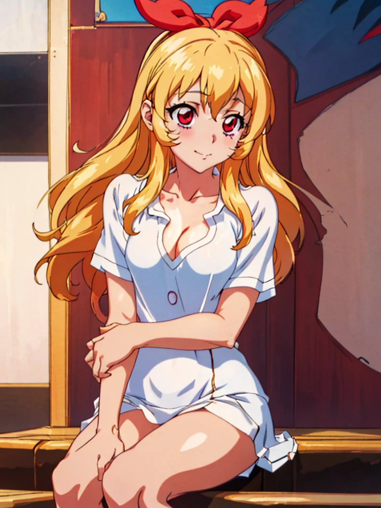 , ((beautiful)), ((masterpiece)), ((best quality)), (extremely detailed face), perfect lighting, highres, 8k, wallpaper, backlit, (absurdres), (ultra detailed, 8K, ultra highres:1.2), BREAK,(RED Ribbon on HAIRband:1.2),Blonde HAIR,smile,navel,groin,denim shorts,loose clothes,shirt pull:1.4,shorts pull:1.4,A fashionable female ,dressed in a casual yet stylish outfit,browsed the racks of clothes at the department store. She hummed a tune to herself as she examined the various accessories and small items on display. Her outfit consisted of a pair of ripped denim shorts paired with a loose, camisole and a pair of sneakers. She accessorized with a small, silver bracelet on her wrist. As she shopped, the girl couldn't help but be drawn to the various colorful and glittering items in the store. She picked up a pair of cute, heart-shaped earrings and a matching necklace,admiring them in the bright, fluorescent lighting,Ichigo Hoshimiya (Aikatsu!),from below,squatting,groin_focus,