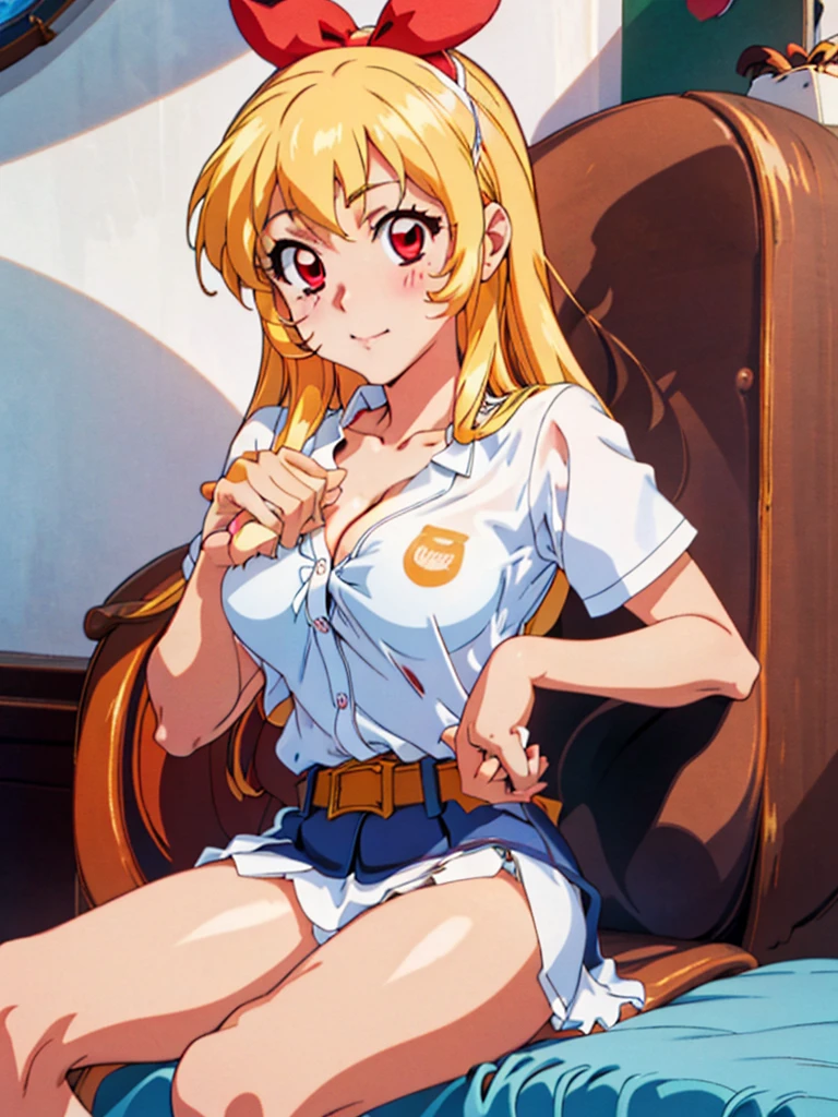 a very sexy cartoon cartoon girl in a white shirt sitting on a bed, 1girl, blonde hair, breasts, long hair, solo, RED eyes, ahoge, shirt, cleavage, sitting, blush, wariza, naked shirt, white shirt,Ichigo Hoshimiya (Aikatsu!),nipple pull