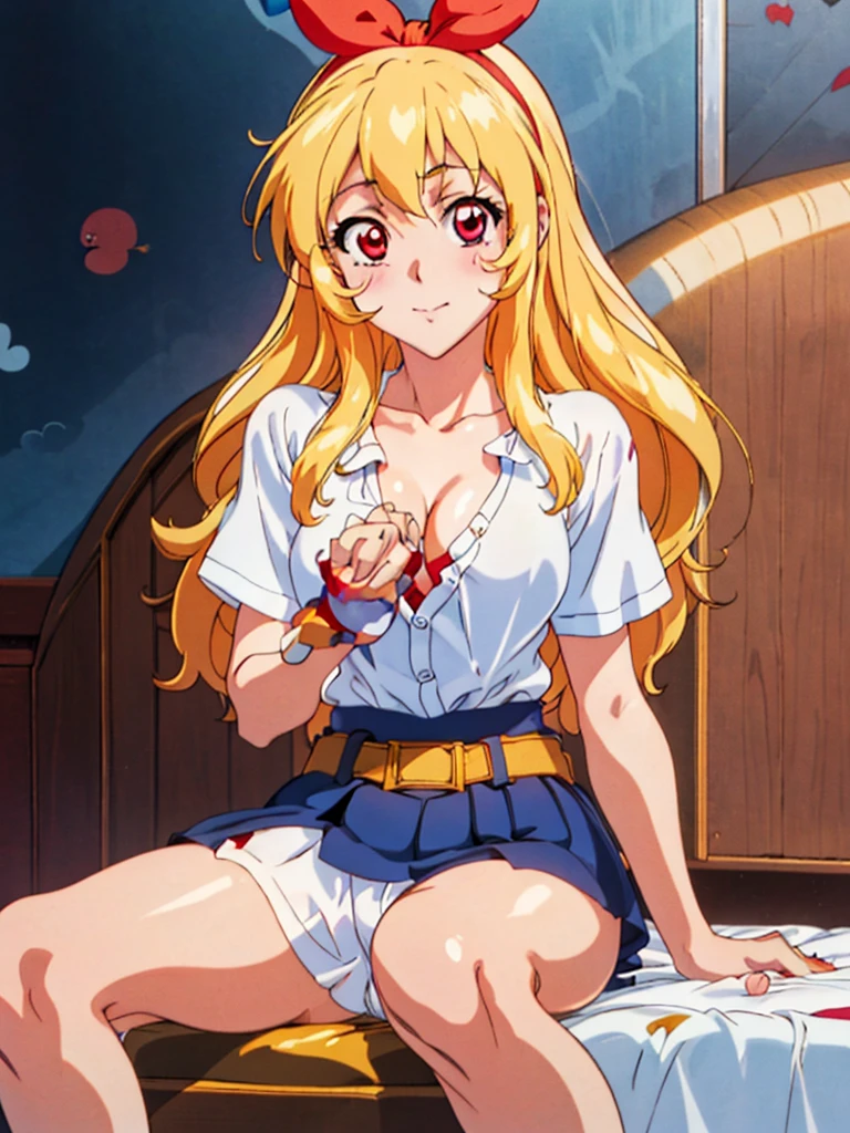 a very sexy cartoon cartoon girl in a white shirt sitting on a bed, 1girl, blonde hair, breasts, long hair, solo, RED eyes, ahoge, shirt, cleavage, sitting, blush, wariza, naked shirt, white shirt,Ichigo Hoshimiya (Aikatsu!),nipple pull