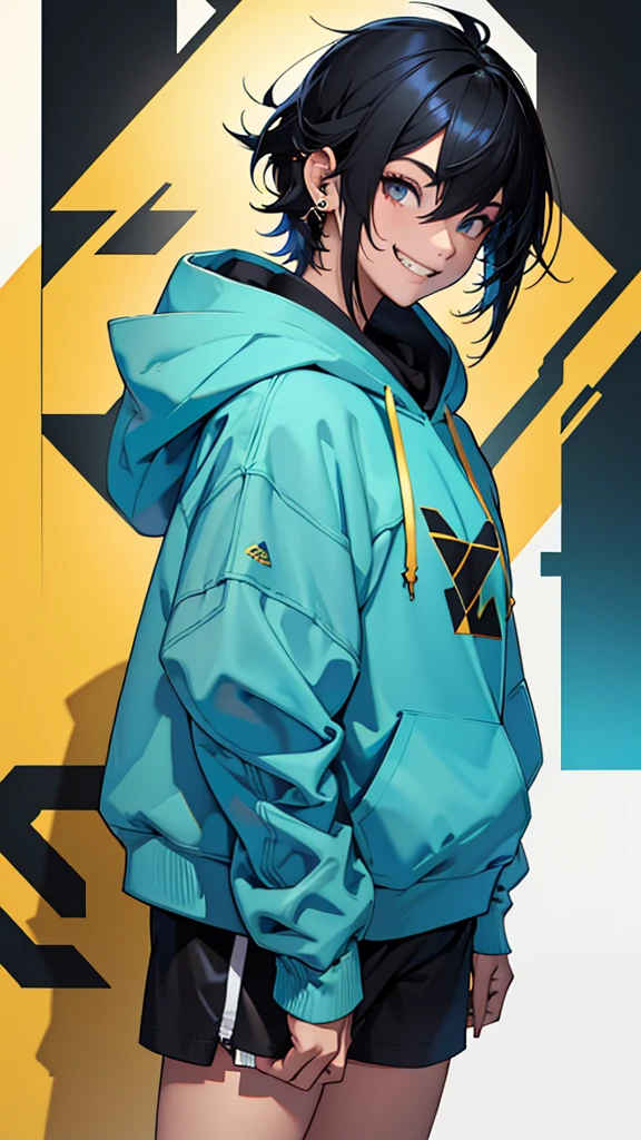 Layered Cut、Piercing in the right ear4t、hair inner color blue、Oversized hoodie、Shorts、girl、One person、Black Hair、Short ponyte、Gold mesh hair, grin, 8k, best quality, highres