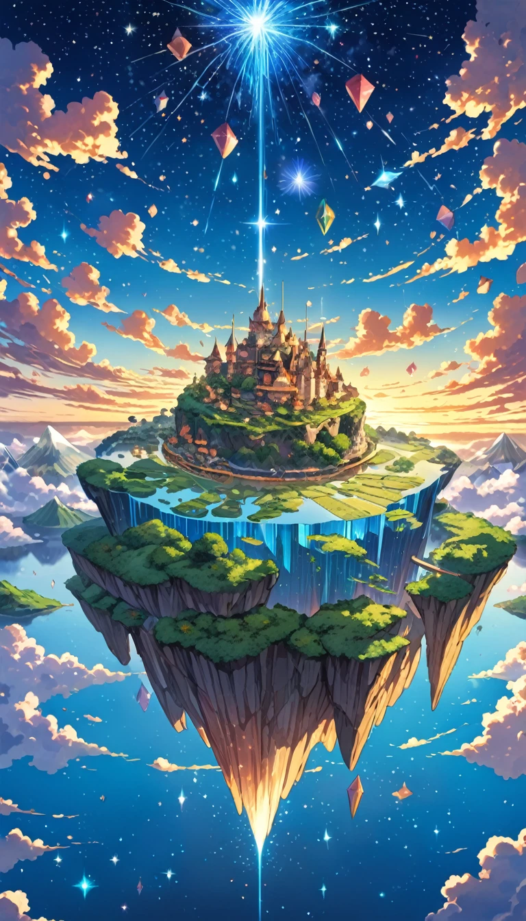 Highly detailed anime-style still images, Ghibli Studio Style, masterpiece, Official Art, Professional, ((Super detailed)), 8K,
((Don&#39;t show it to anyone)), 
A sparkling city, crystallization, Reflective surface, Prism light effect, The setting is a floating island surrounded by a starry sky..