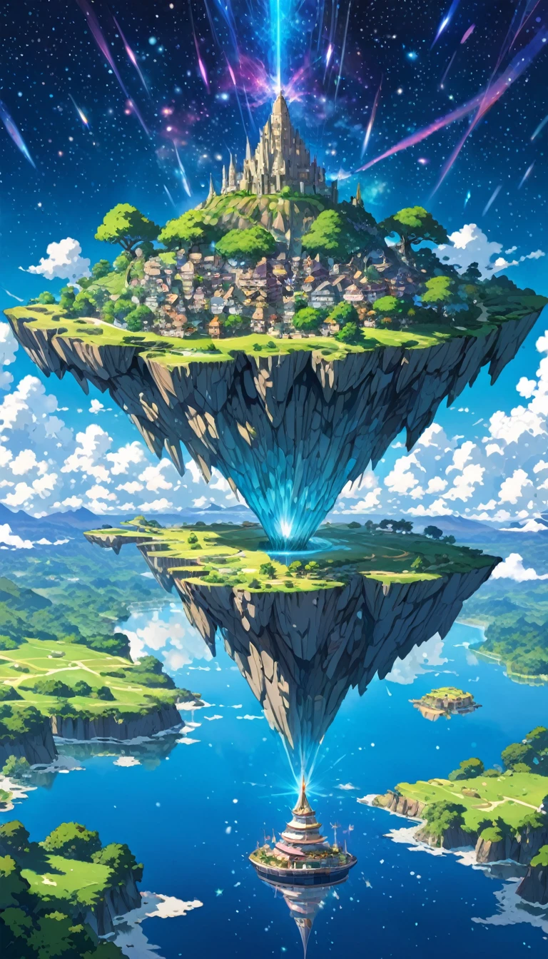 Highly detailed anime-style still images, Ghibli Studio Style, masterpiece, Official Art, Professional, ((Super detailed)), 8K,
((Don&#39;t show it to anyone)), 
A sparkling city, crystallization, Reflective surface, Prism light effect, The setting is a floating island surrounded by a starry sky..