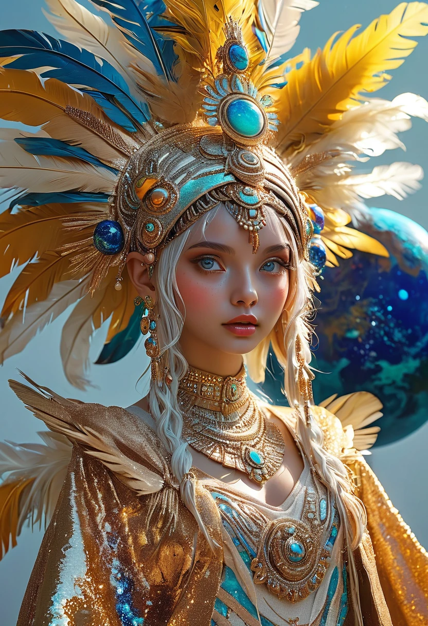 (masterpiece, best quality:1.2), 1 beautiful girl，Exquisite facial features，Bright Eyes，Skin details，Exaggerated planet headdress，track，Clean background