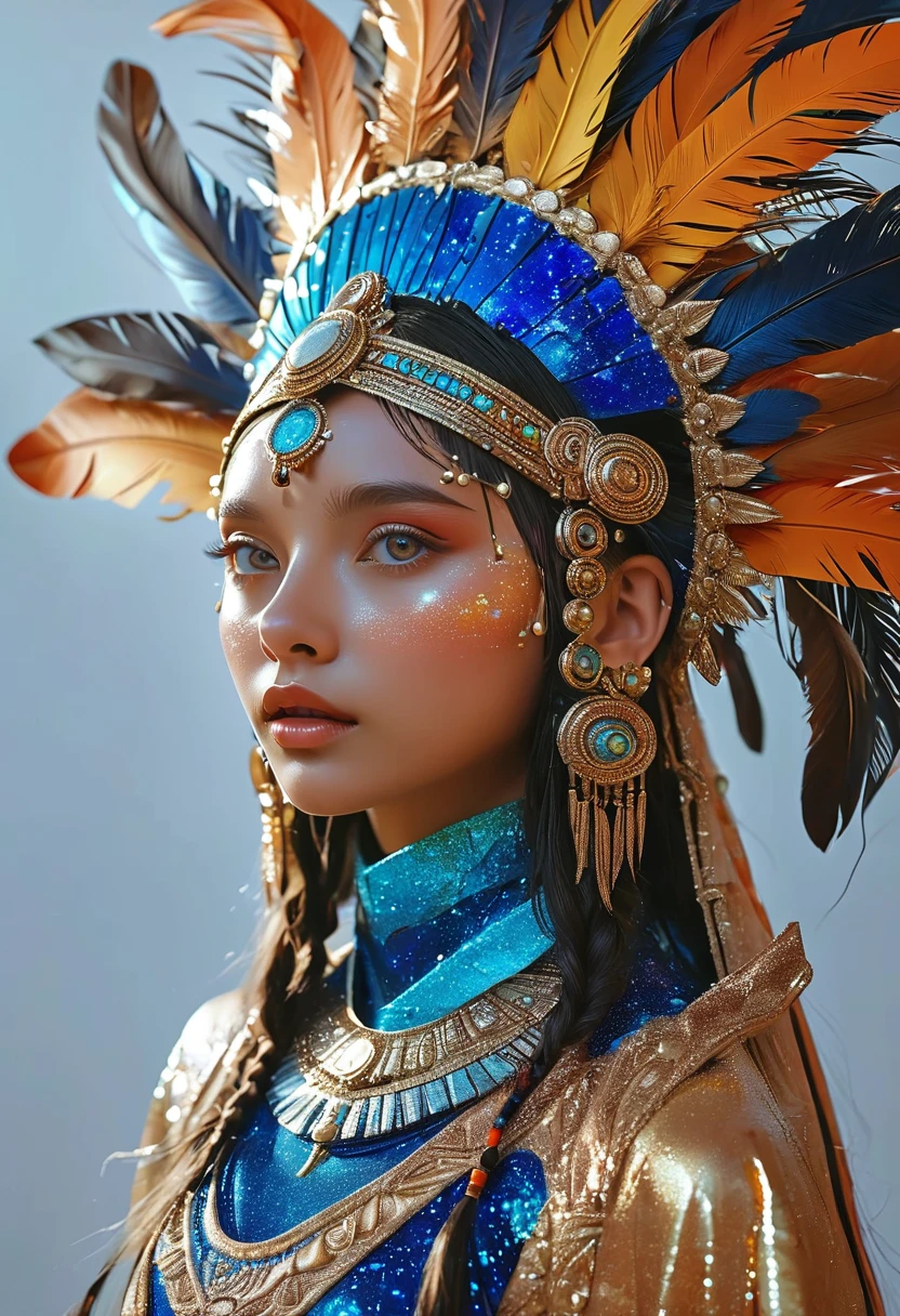 (masterpiece, best quality:1.2), 1 beautiful girl,Exquisite facial features,Bright Eyes,Skin details,Exaggerated planet headdress,track,Clean background
