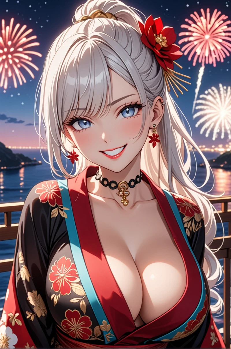 ((One personの女性)), Beautiful Face, (Laughing embarrassedly), (smirk:1.4), ((Wink:1.5)), (head tilt:1.3), Laugh with your mouth wide open, upper teeth, looking at viewer, (Doing sexy poses), ((Bright red cheeks:1.4)), Glossy Red Lips, (Big Breasts:1.4), cleavage, night,Terrace with sea view, firework, Glossy pink lips, Shining Face, ((Anime style background)),masterpiece, Highest quality, so beautiful,up to date, Complex details, (long nails of red color), (nail art), (ring),(bracelet),(Floral choker), (ring helix piercing:1.5), AI-generated, Complex,High resolution, Highest quality, super high quality,3D Images、3D Images,One person,Long white hair,High Ponytail, Anime woman posing for a photo, ((silver eyes:1.5)), ((Fine grain、Light blue eyes、Shining Eyes:1.4)), (Squint your eyes:1.1),a hyperRealistic , hyperRealistic , Realistic,Anime woman with long white hair, Smooth anime CG art, (A woman in a colorful kimono with gold embroidery), ((Black long sleeve kimono:1.3)), Red floral pattern,Long flower hair ornament,Earrings,Mature Body,Tall,Abdominal muscles,Tight waist, ((face focus:1.8)), (front view:1.3),