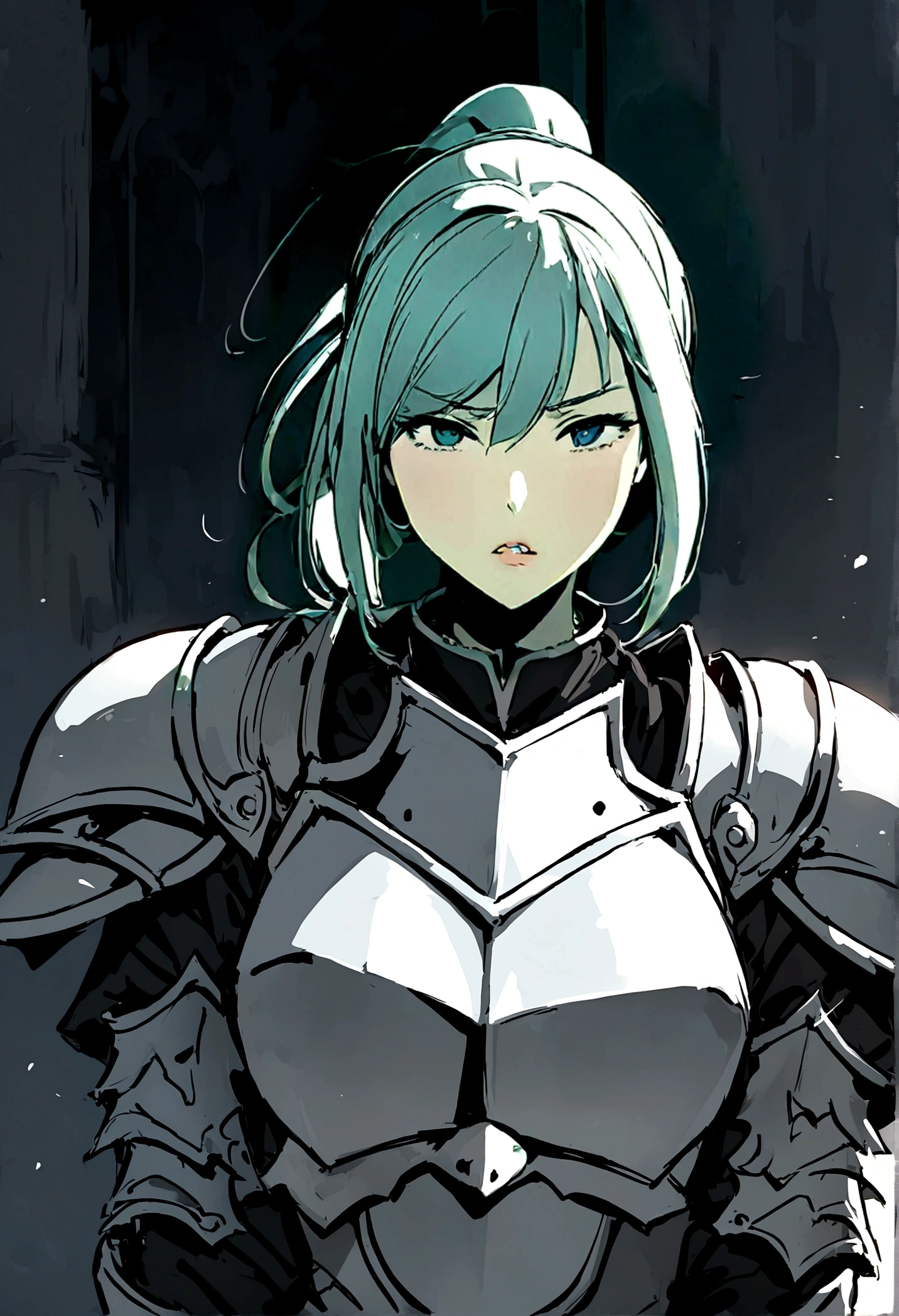 Beautiful girl knight in armor, Gray Hair, tsurime, fantastic, Face your body forward like a certificate photo, shoot from front, Ponytail, Armor Girl, beautiful female knight, Female Paladin, pale blue eyes, narrowed eyes squint, Talking mouth, lighting front