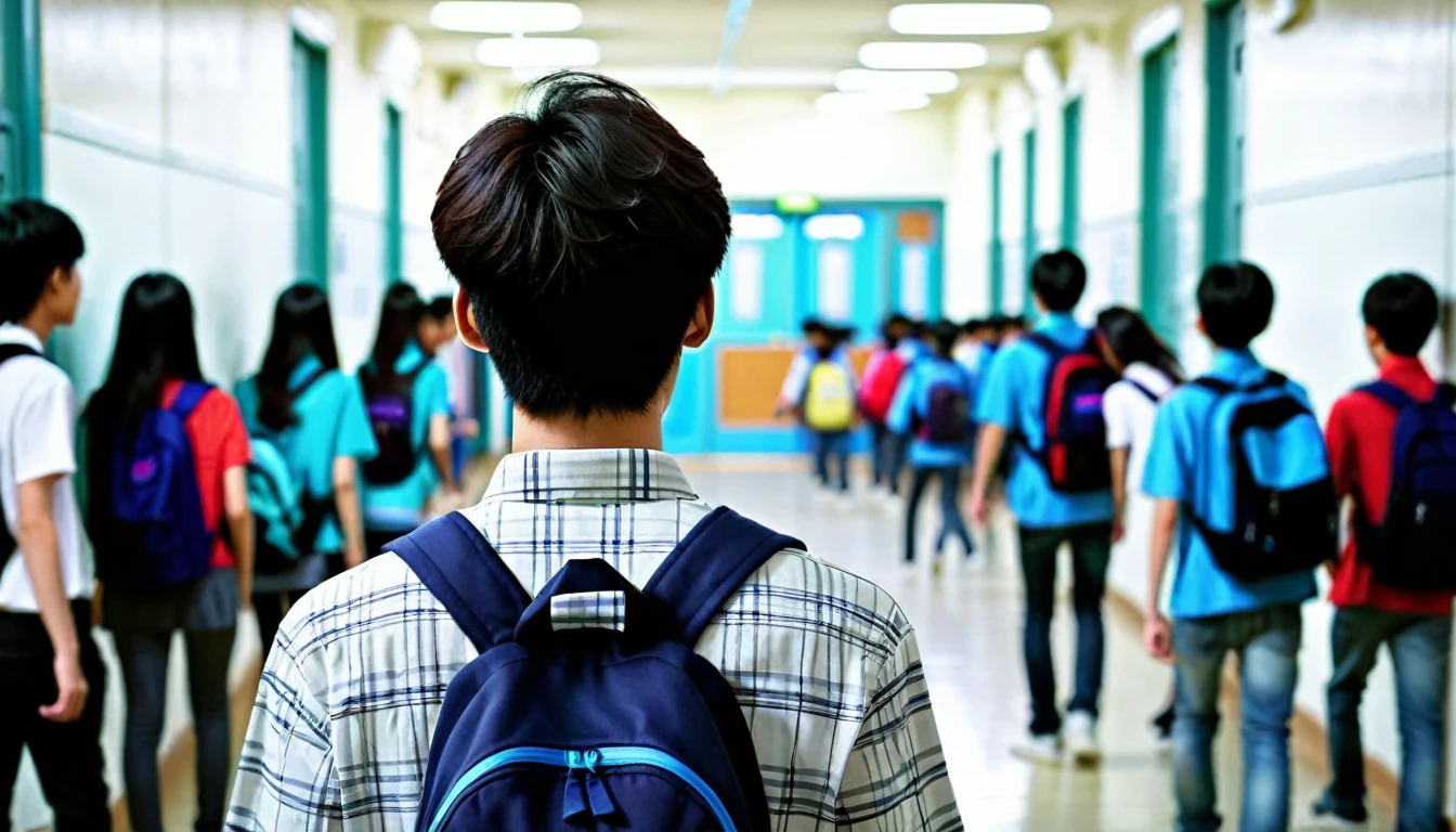 A dramatic image, a korean male student from behind, he is facing a massive of delinquent students alone, realictic image, blurry background, in the hallway school, korean school, best image:2, best quality:2