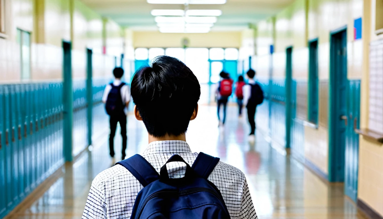 A dramatic image, a korean male student from behind, he is facing a massive of delinquent students alone, realictic image, blurry background, in the hallway school, korean school, best image:2, best quality:2
