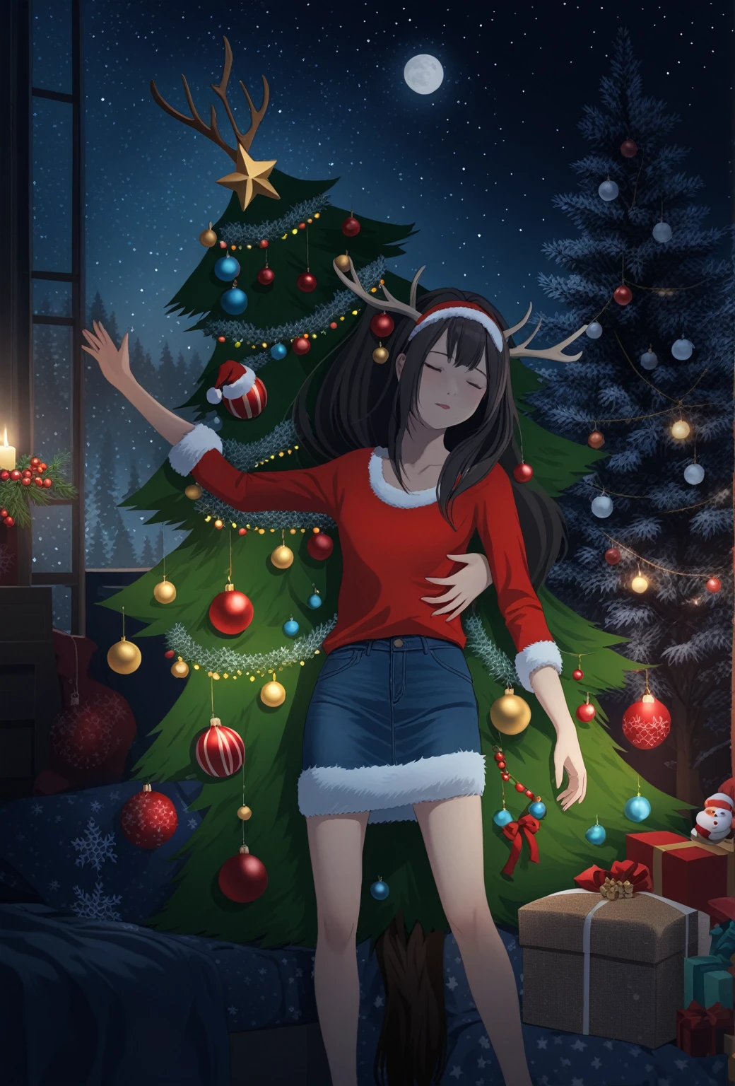 1girl, denim skirt, sleeping, closed eyes, headband with deer horn, BREAK, 1 man, unknown creature like christmas tree behind her and touch her body, dark night chill christmas day, realistic anime illustration