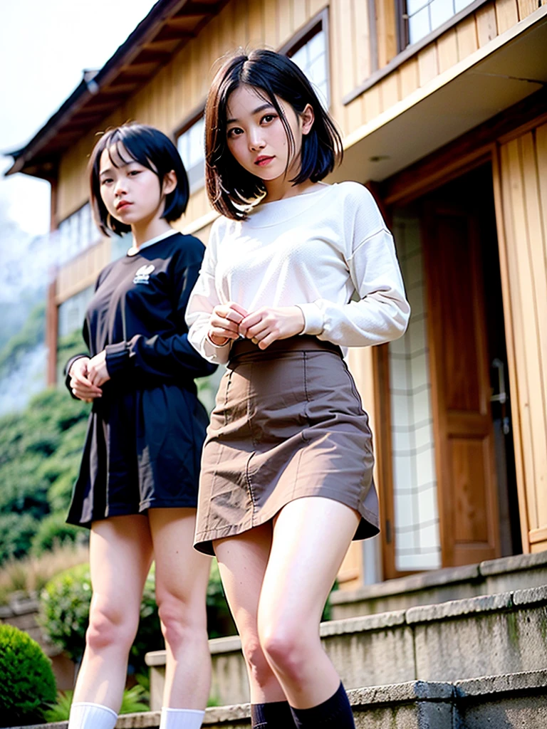 masterpiece, Highest quality, Ultra-high resolution, Highest Resolution, Very detailed, Professional Lighting, Gray Light Lighting、Low angle from below、Old house in Japan、Blowing steam into the landscape、Fog in the landscape、Foggy、Beautiful woman, Small face、White skin、very cute、20-year-old、Bright smile、(Black Hair、Medium Hair、Fluttering Hair)、(Black Sailor Suit)、Long, slender legs、Beautiful hip line、Beautiful spine、My back is hunched、Tight waist、JK Black Skirt 、Tight pleated skirt、Hip line emphasis、Black socks、Brown eyes,Face is a little red, Beautiful breasts、Her chest is an A cup、Perfect hands、Shoes are loafers、Black knee-high socks




