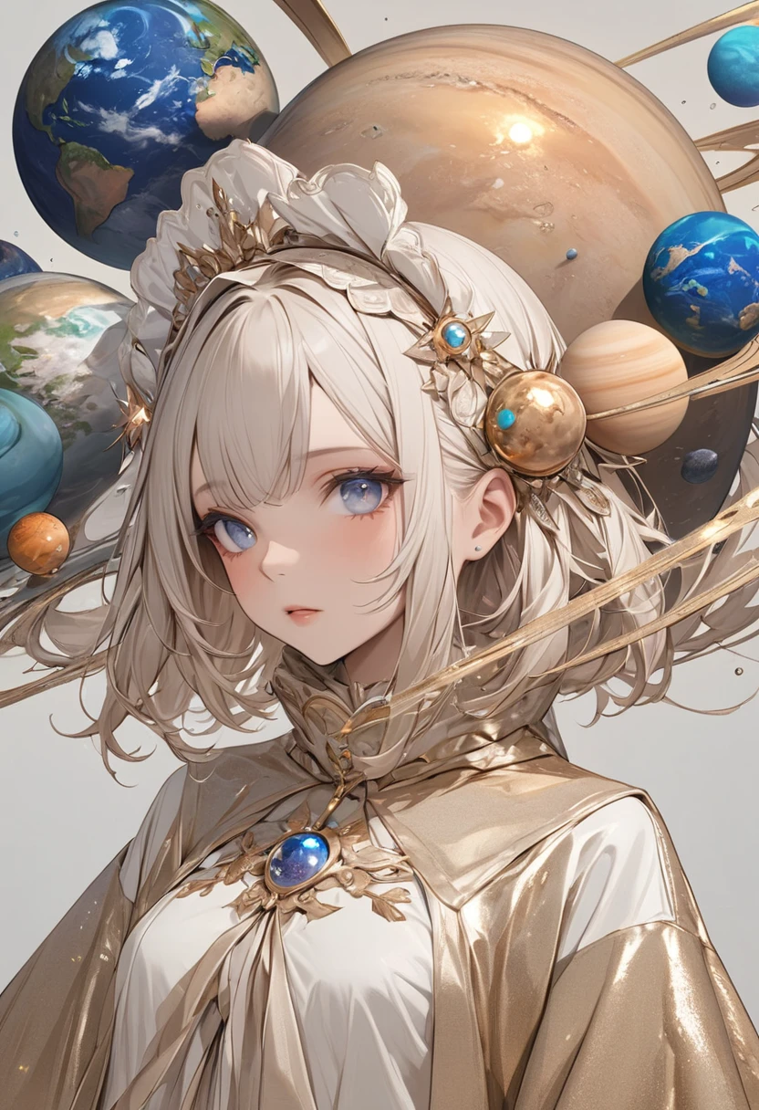 (masterpiece, best quality:1.2), 1 beautiful girl，Exquisite facial features，Bright Eyes，Skin details，Exaggerated planet headdress，track，Clean background