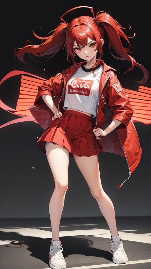 Girl in shorts (pleated yoke skirt), clothes red and black, Twin-Tail red protein hair, in a beautiful background. Full length 2D wallpaper.