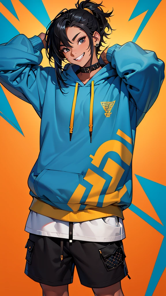 Layered Cut、Piercing in the right ear4t、hair inner color blue、Oversized hoodie、Shorts、girl、One person、Black Hair、Short ponyte、Gold mesh hair, grin, 8k, best quality, highres
