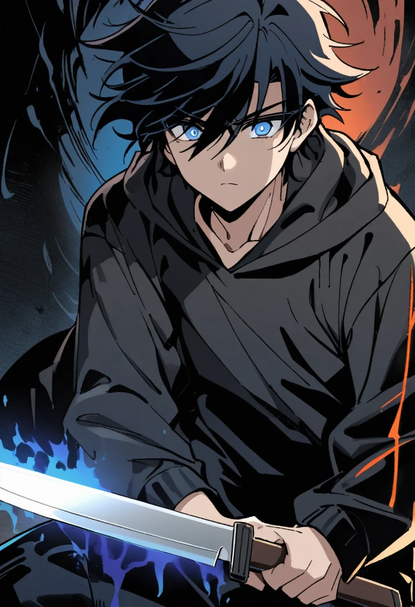 a young man with blue and black hair and wearing a black hoodie is emitting dark blue aura as he is holding a knife . Manhwa style.