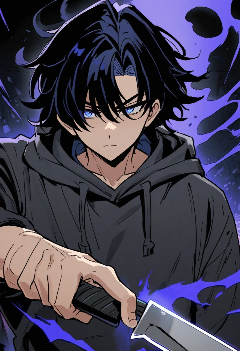 a young man with blue and black hair and wearing a black hoodie is emitting dark blue aura as he is holding a knife . Manhwa style.