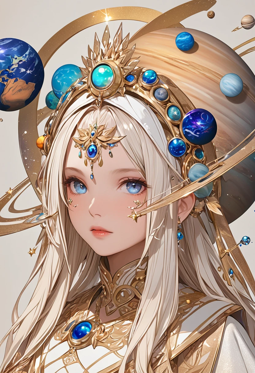 (masterpiece, best quality:1.2), 1 beautiful girl,Exquisite facial features,Bright Eyes,Skin details,Exaggerated planet headdress,track,Clean background
