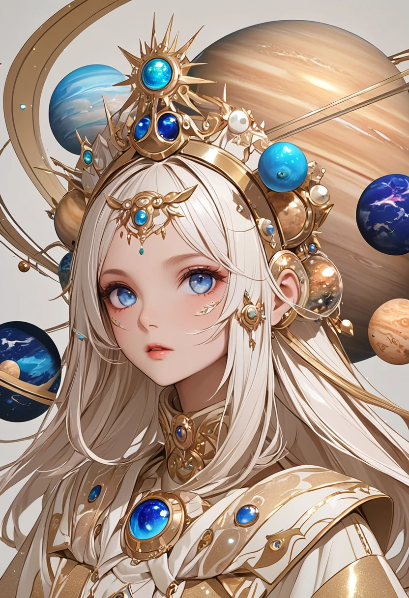 (masterpiece, best quality:1.2), 1 beautiful girl,Exquisite facial features,Bright Eyes,Skin details,Exaggerated planet headdress,track,Clean background