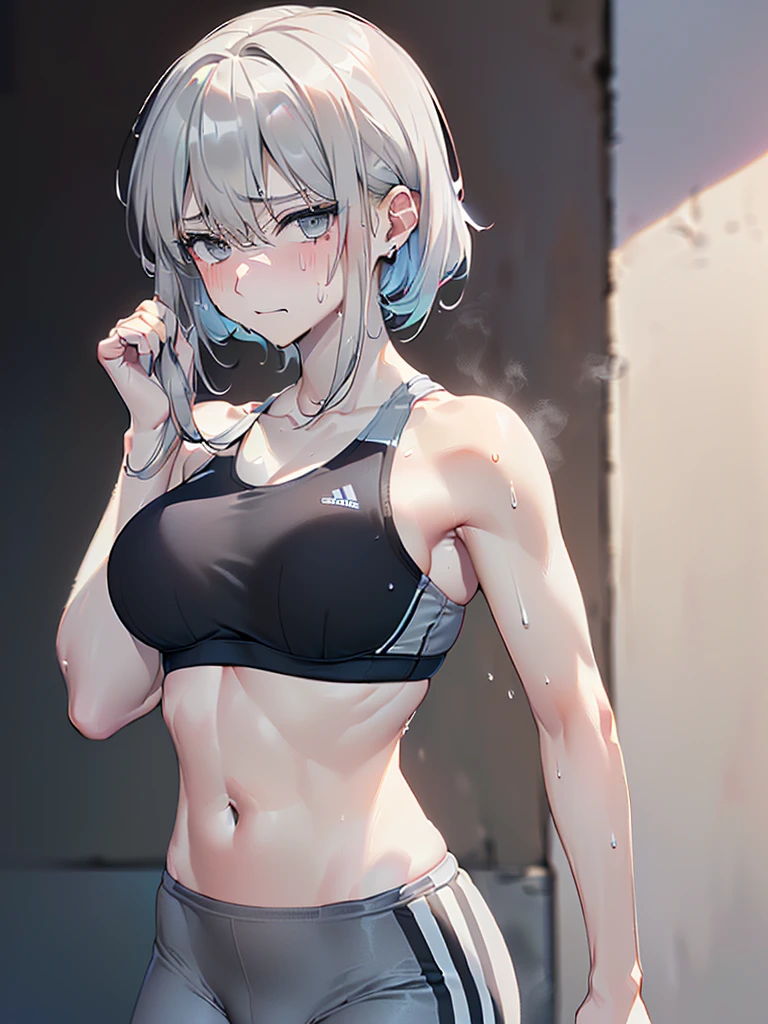 (Sweat, White skin:1.5、Light gray sports bra, Wet clothing), cameltoe, Brand logo on the bra, Fitness, Bodybuilding Poses, ((ブラにSweat染み:1.5, Sweatで濡れている, Sweat染み, Grey sports bra with black paint:1.5))