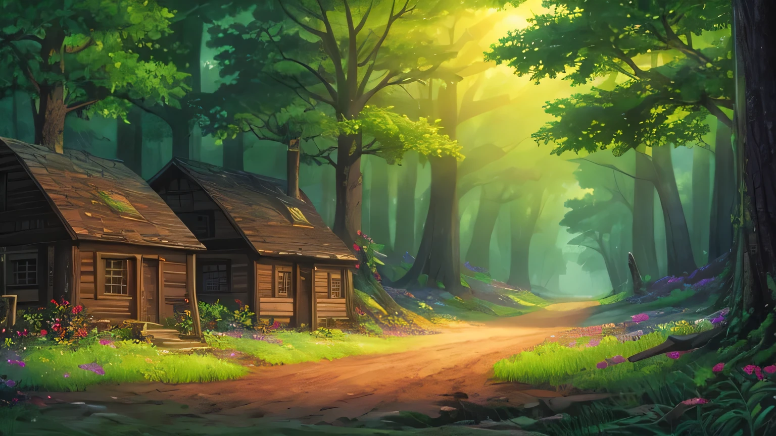 a logging settlement deep in the forest. fantasy