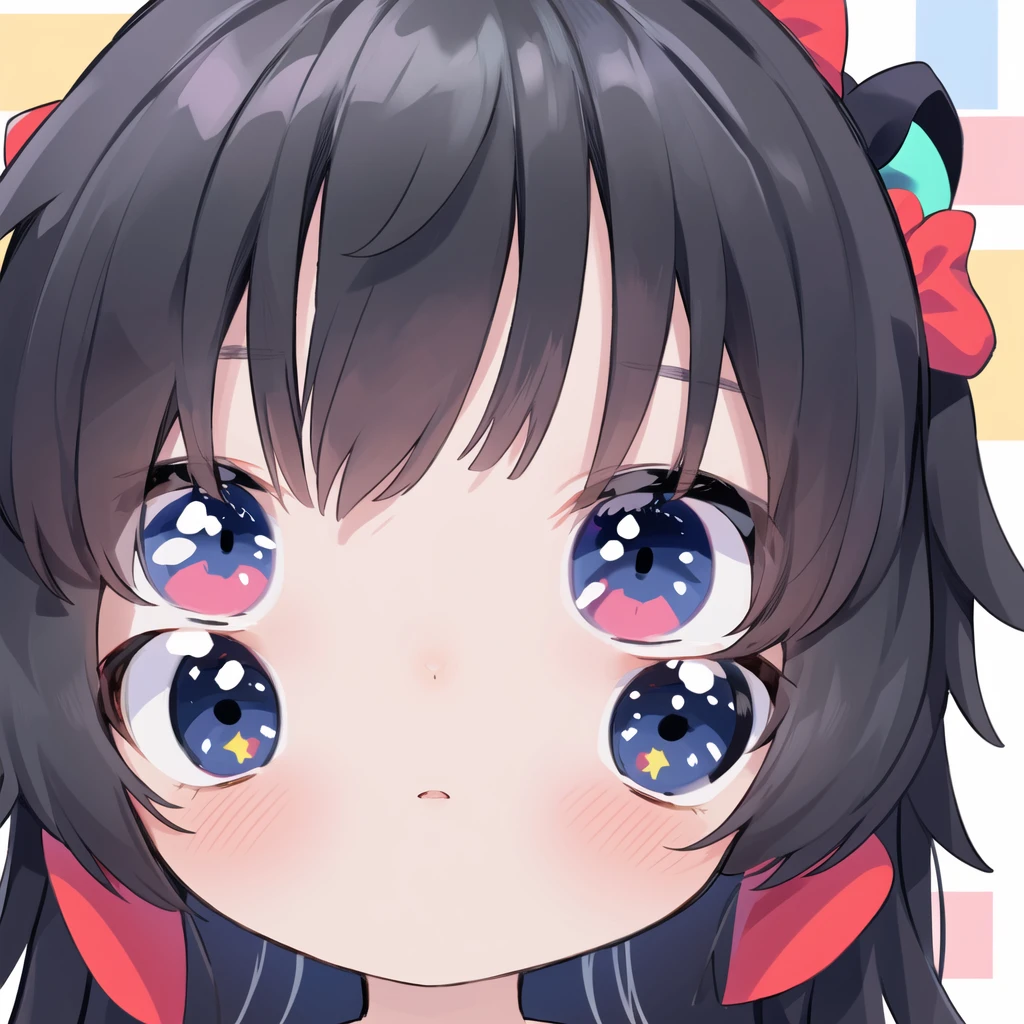 ((Highest quality)), ((masterpiece)), (detailed), Fine Lines, (Big eyes, Droopy eyes, Lower eyelid corners droop), (Long black hair), ribbon, Frills, Pastel feel, Face close-up, One girl,