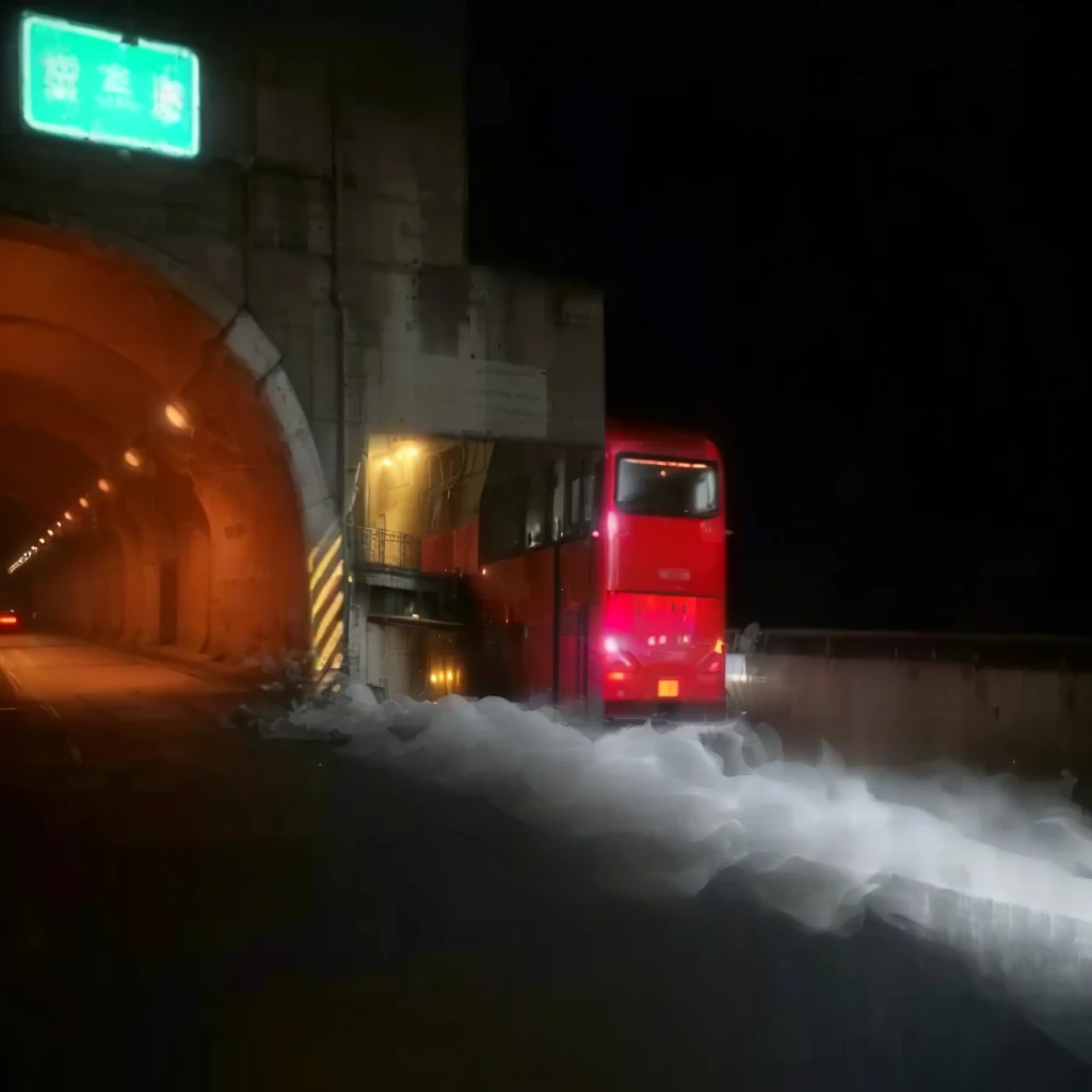 a red double-decker bus driving through a tunnel at night, (((hyperrealistic, 8k, photorealistic, masterpiece, award winning, cinematic lighting, dramatic, moody, atmospheric, vibrant colors, glowing lights, detailed architecture, intricate details, steam and smoke, sense of motion, traveling through a dimly lit tunnel, dramatic angles, cinematic composition, volumetric lighting, dynamic reflections, award-winning photography, editorial style