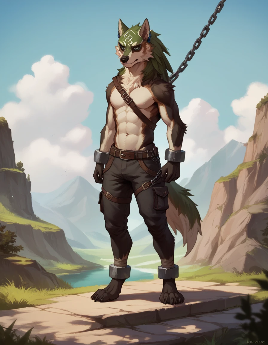 score_9, score_8_up, score_7_up, solo,
 wlflnk, animal focus, anthro, full body, furry, furry male,
scenery, broken chain attached to metal shackle,