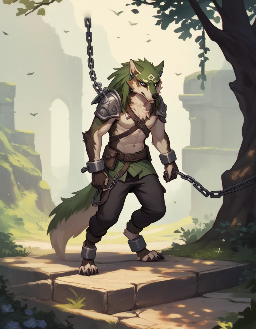 score_9, score_8_up, score_7_up, solo,
 wlflnk, animal focus, anthro, full body, furry, furry male,
scenery, broken chain attached to metal shackle,