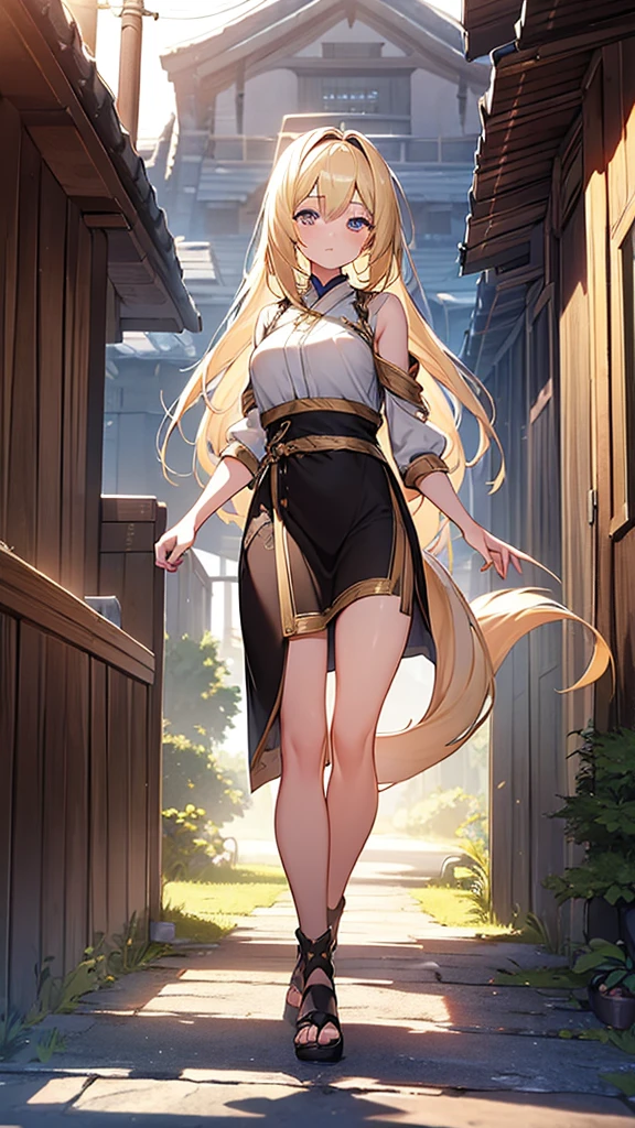 (Highly detailed CG Unity 8k wallpaper,masterpiece, Biological, whole body),(Best lighting, Best Shadow, Very delicate and beautiful),(One girl), Blonde, Side Tail, Village Girl's Clothes, エンリ・エモット_Overload, NSFW