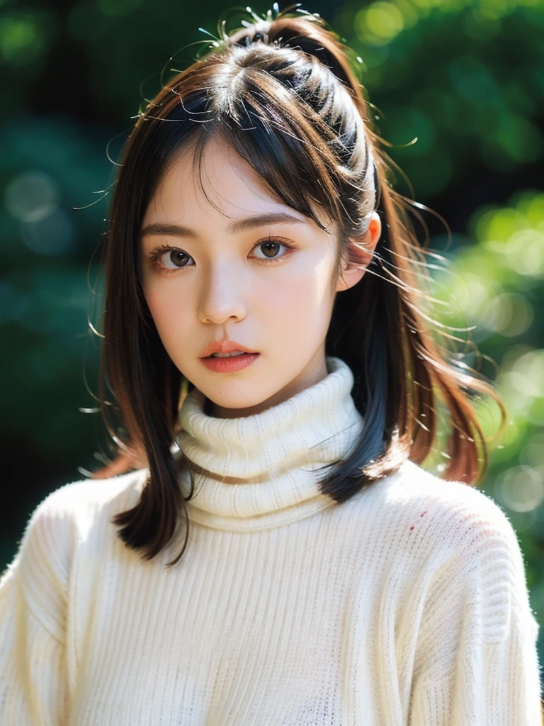 1girl,best quality,masterpiece,illustration,an extremely delicate and beautiful,CG,unity,8k wallpaper,Amazing,finely detail,masterpiece,official art,extremely detailed CG unity 8k wallpaper,incredibly absurdres,huge filesize,ultra-detailed,highres,extremely detailed,beautiful detailed girl,realistic,outdoors,(turtleneck_sweater:1.4),