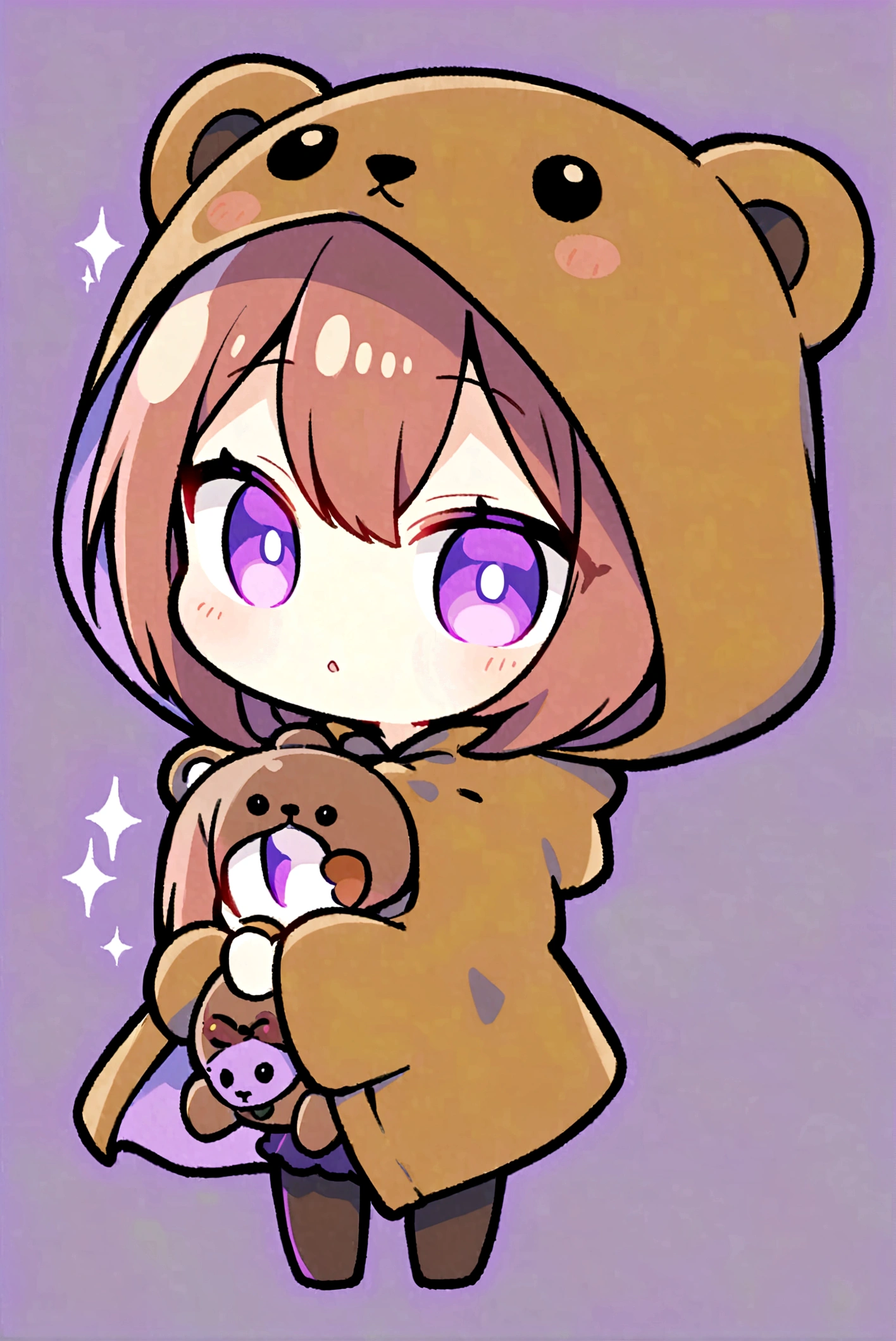 long brown hair、Wearing a dark brown bear hood、茶髪ロングのChibi Character、Wearing a dark brown bear ear hooded blanket、Purple Eyes、Purple betta background、Chibi Character、Holding a teddy bear