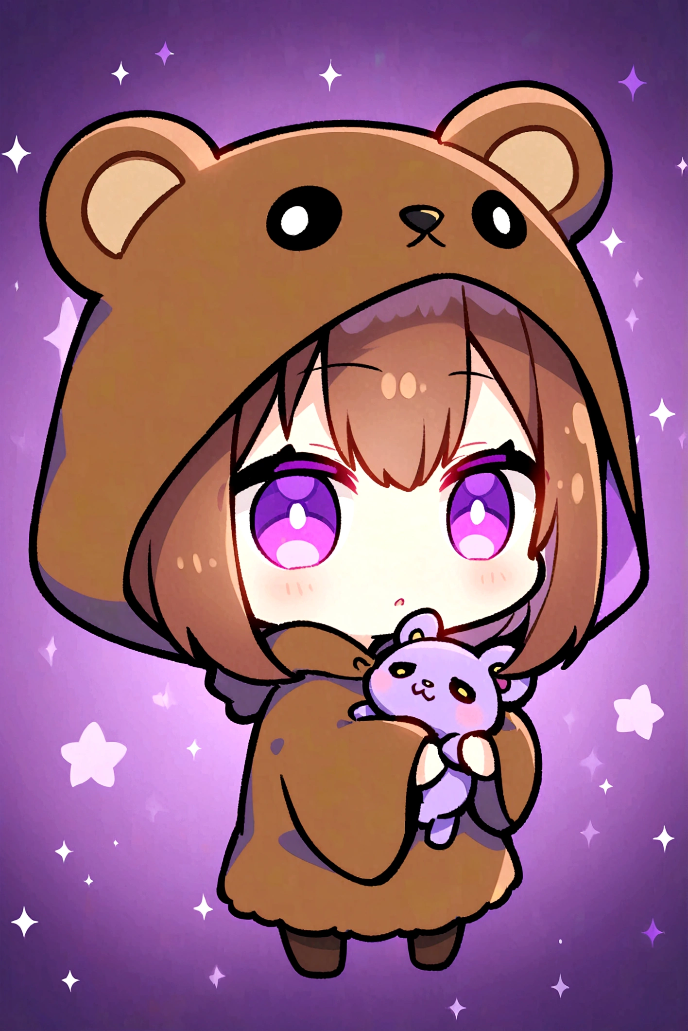 long brown hair、Wearing a dark brown bear hood、茶髪ロングのChibi Character、Wearing a dark brown bear ear hooded blanket、Purple Eyes、Purple betta background、Chibi Character、Holding a teddy bear