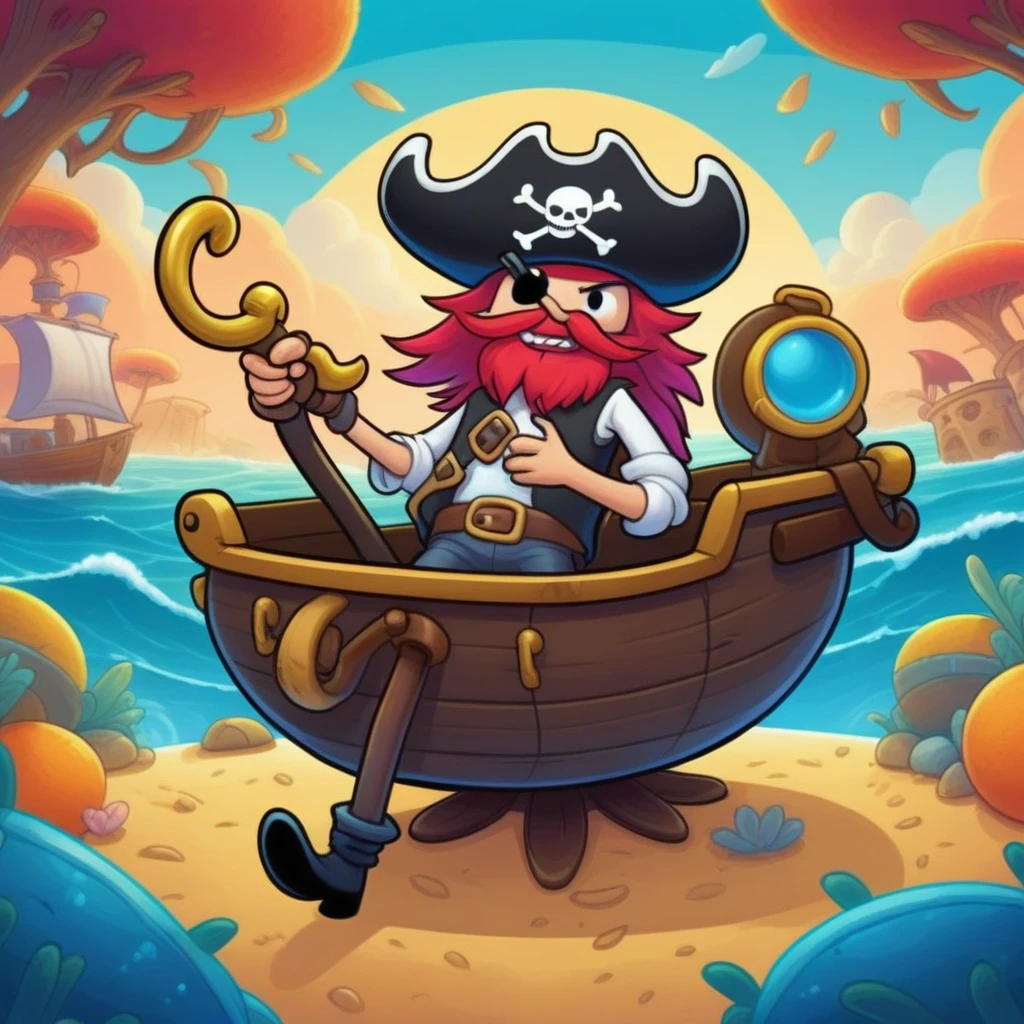 pirate hook game item, mobile game art, banner, detailed game art, stylized game art, game illustration, splash screen art, full card design, wallpaper!, extended art, adtime style art, saturated colorful