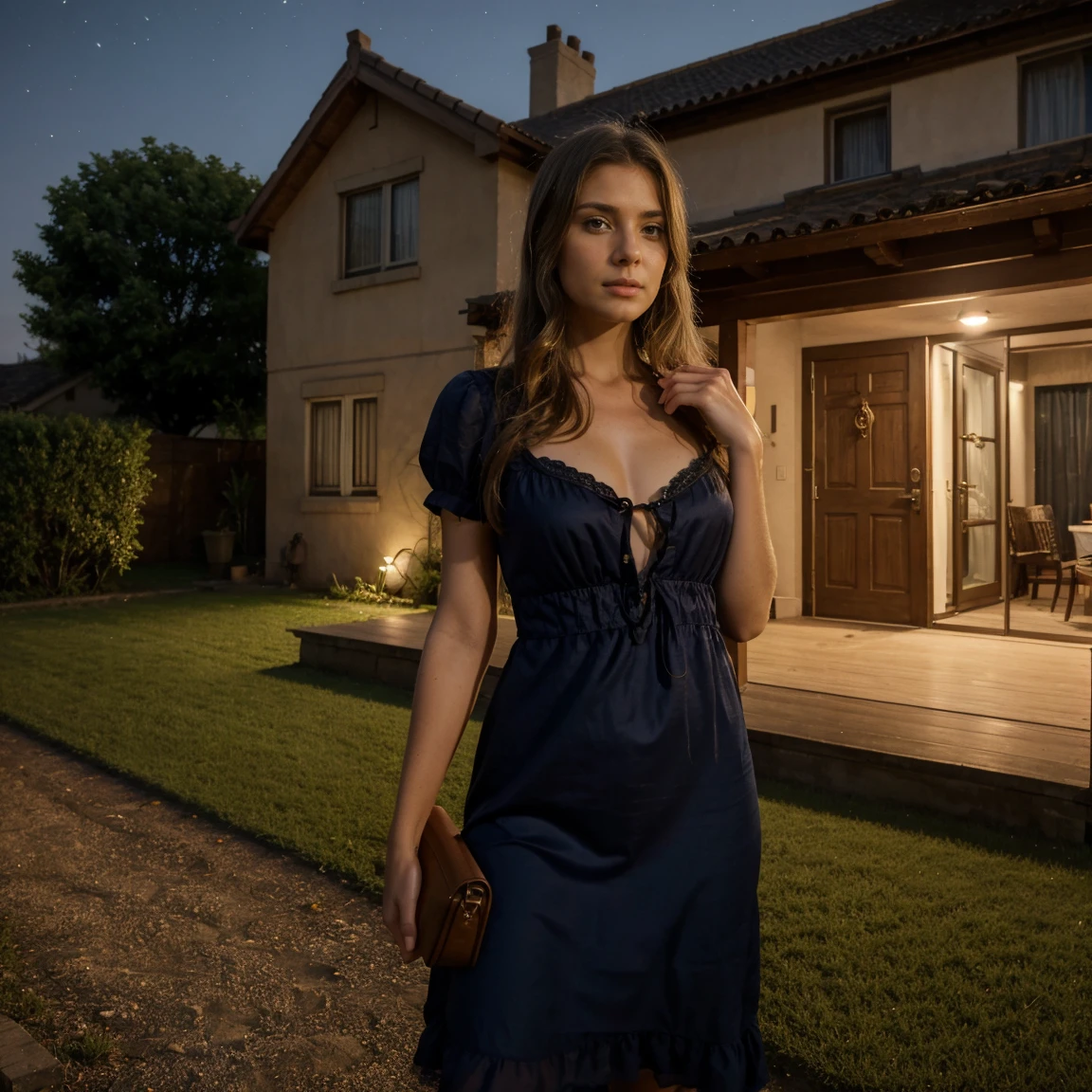 Lucie in front of house at night, a large chest, in dress, say goodbye
