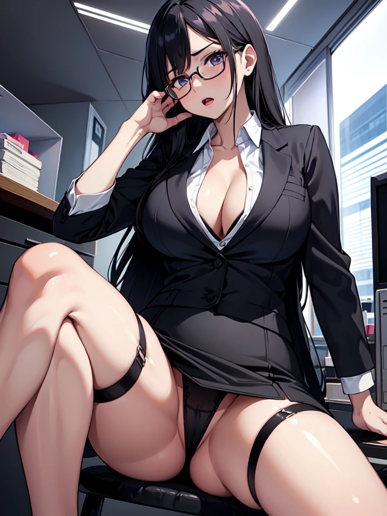 masterpiece, best quality, high definition images, atmospheric perspective, expressive eyes, perfect face, ultra detailed, solo, 1mature seductive woman, alluring pose, office lady, luxury, black semi long straight hair, simple glasses, elegant business suits, jacket, blouse, cleavage, pencil skirt, tight mini skirt, spread legs, panties, curvy, thighs, silk panties stockings, high heals, stern expression, shy, open mouth, from below, in office, at night,