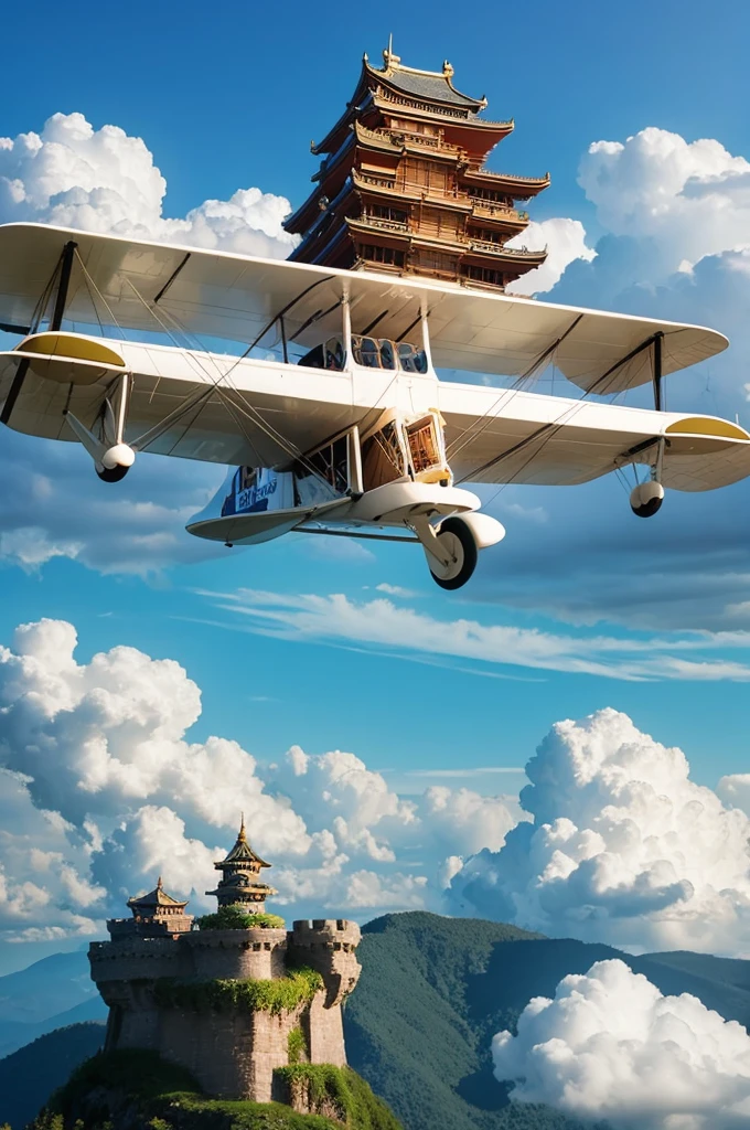 biplane In the clouds thunder Floating castle