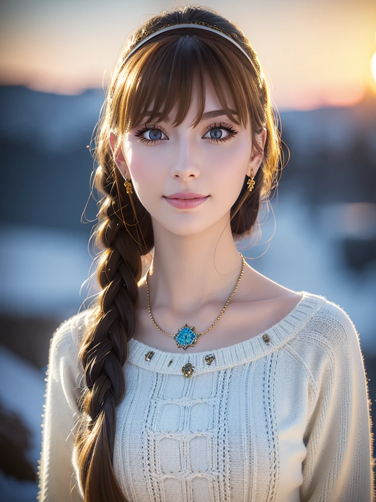 a beautiful young russian woman, detailed face, ((high quality)), photorealistic, stunning eyes, long eyelashes, flawless skin, light brown hair, tight waist, necklace, active posing, long hairstyle, vivid colors, masterpiece, best quality, confident expression, ultra-detailed, (realistic:1.37), 8K, HDR, studio lighting, physically-based rendering, professional, vivid colors, bokeh, beautiful figure, gorgeous lips, fantasy snowy landscape、Large knitted clothing、smile
