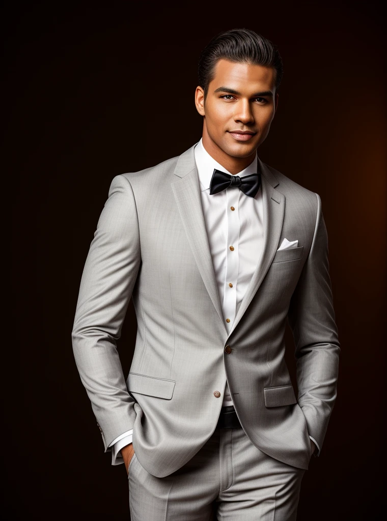 hires photo of hrro man, professional photograph, looking straight at viewer, realistic skin tones,formal suit,  background bokeh, film grain 