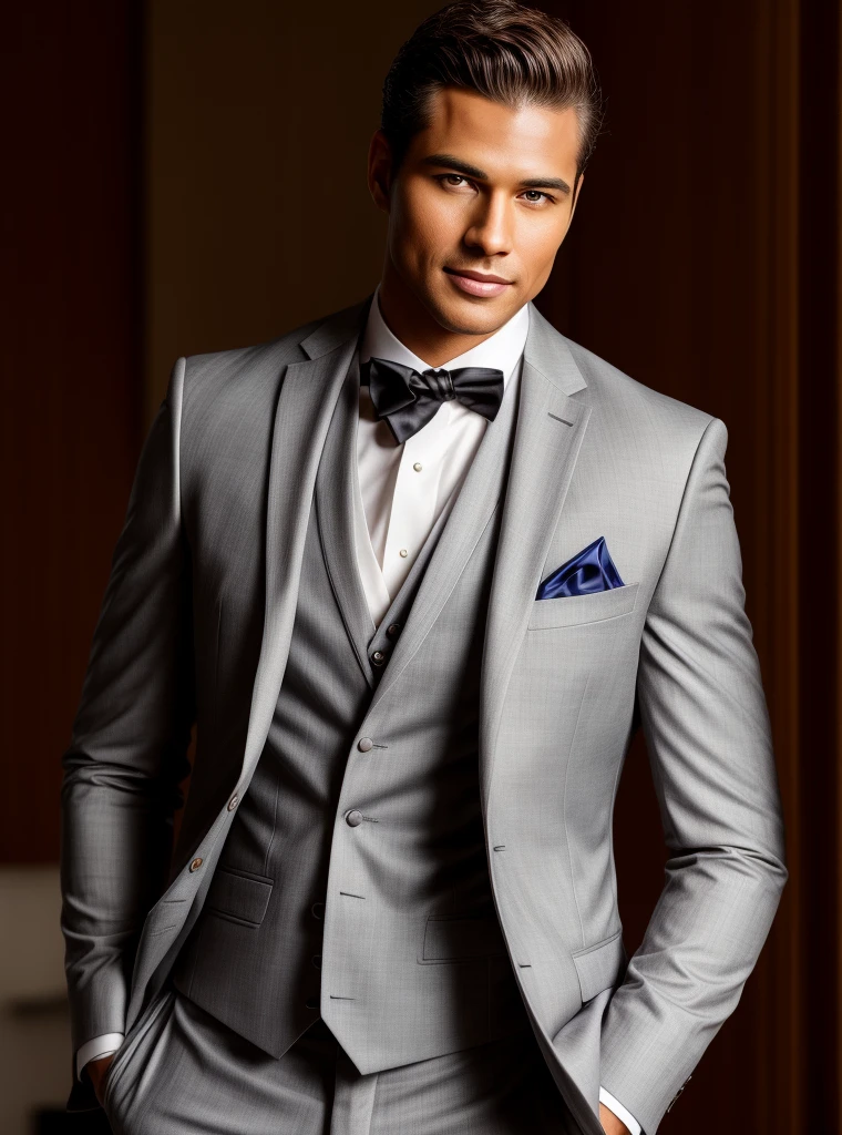 hires photo of hrro man, professional photograph, looking straight at viewer, realistic skin tones,formal suit, background bokeh, film grain