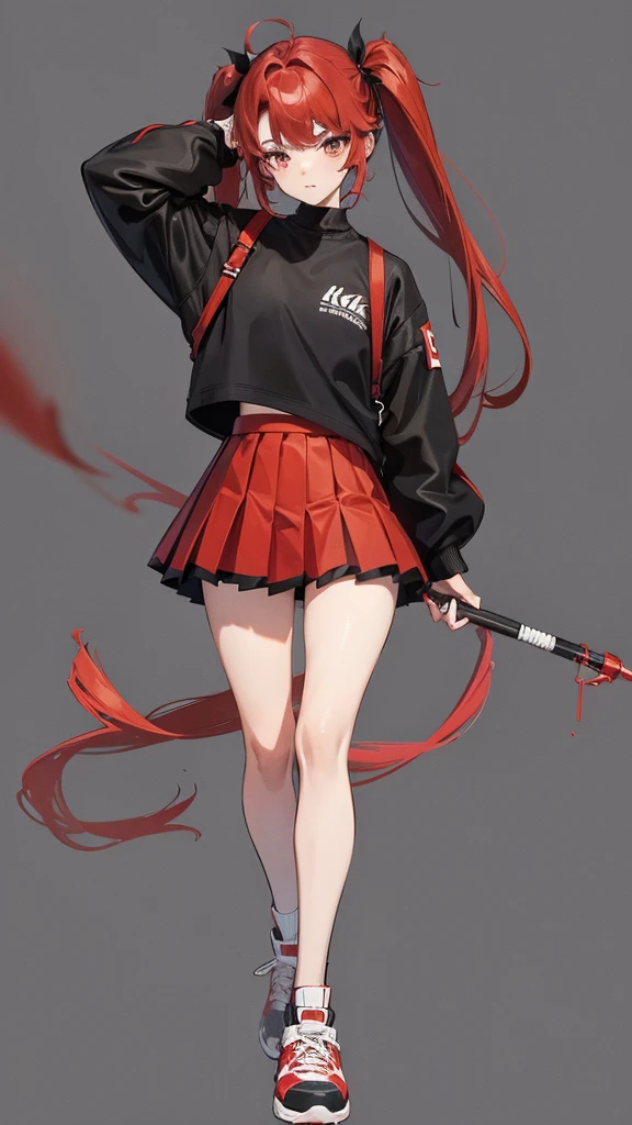 Girl in shorts (pleated yoke skirt), clothes red and black, Twin-Tail red protein hair, in a beautiful background. Full length 2D wallpaper.