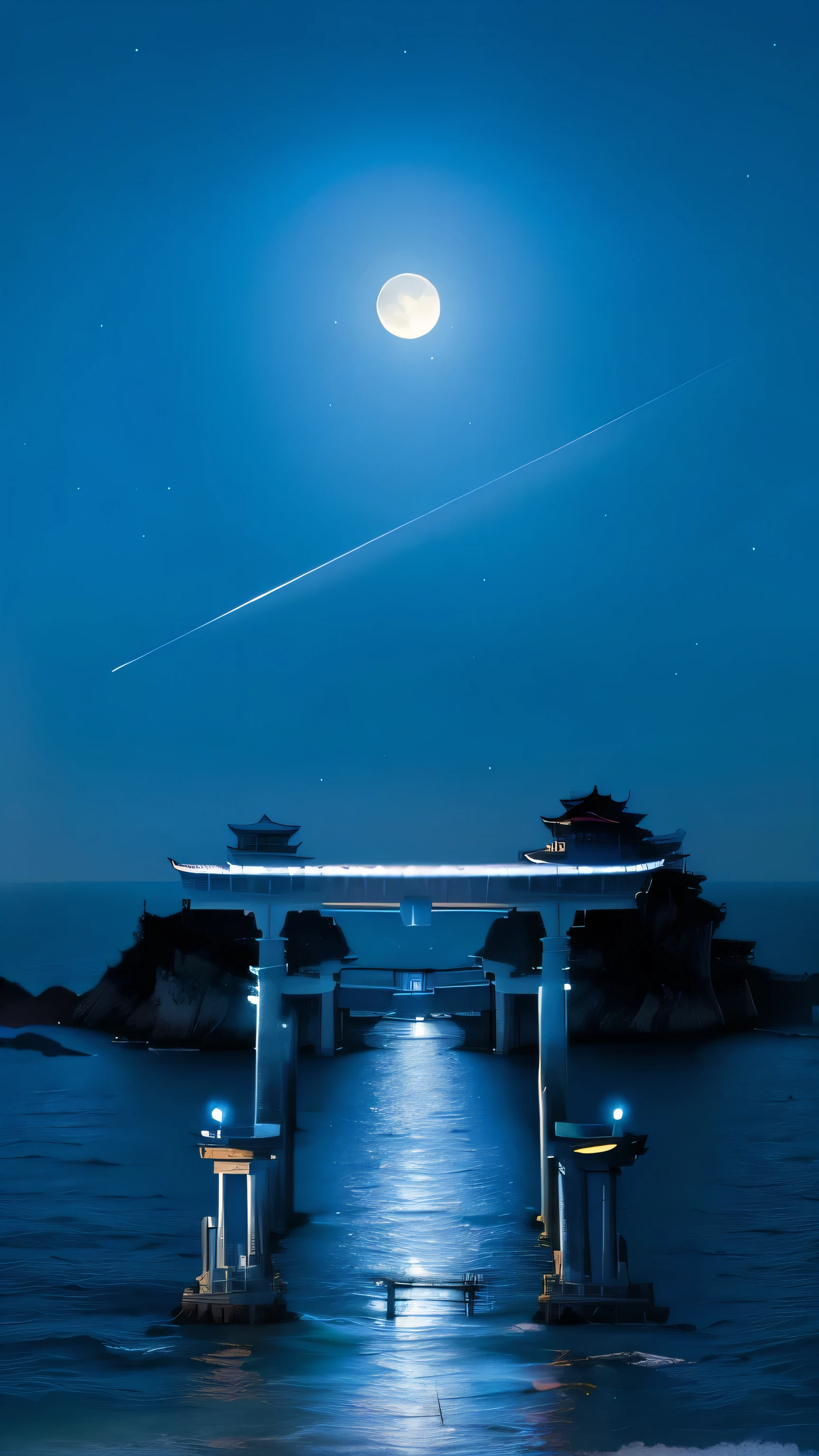 Aerial view of a pier with a full moon and a plane flying over the water, Torii Qing Yuan Works, moonlight, Full moon in the sky, Moonlight, inspired Torii Qing Yuan Works, Hiroshi Honda, Tadashi Nakayama, 夜にMoonlight下に浮かぶ, Moonlight night dreamy atmosphere